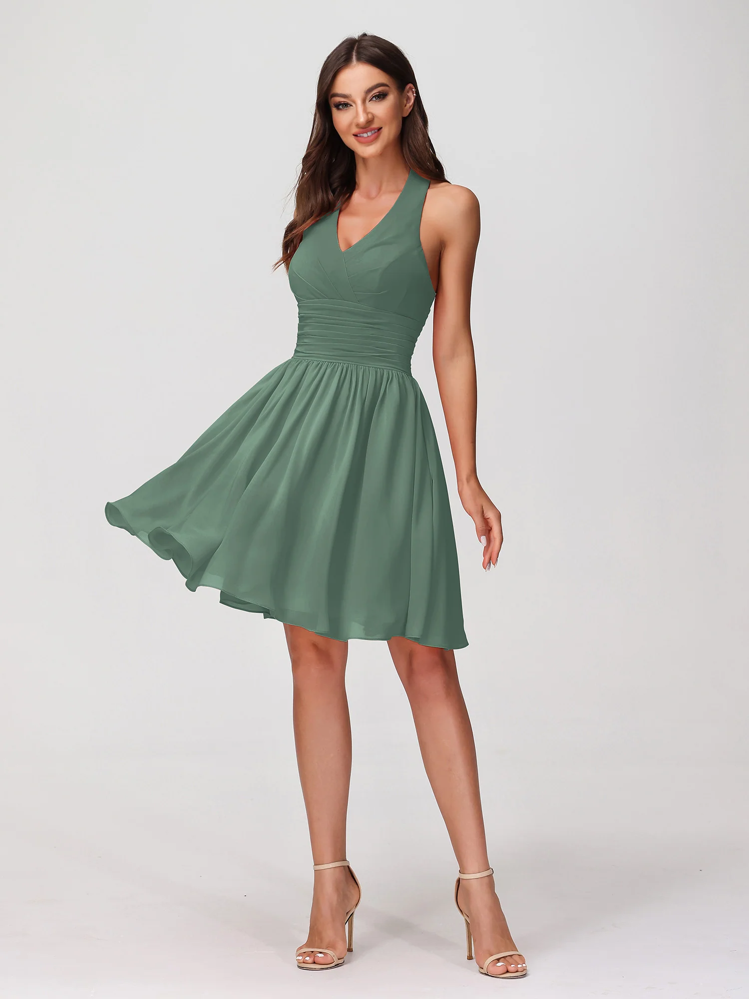 Halter V Neck Short Chiffon Bridesmaid Dresses-Eucalyptus - Image 4