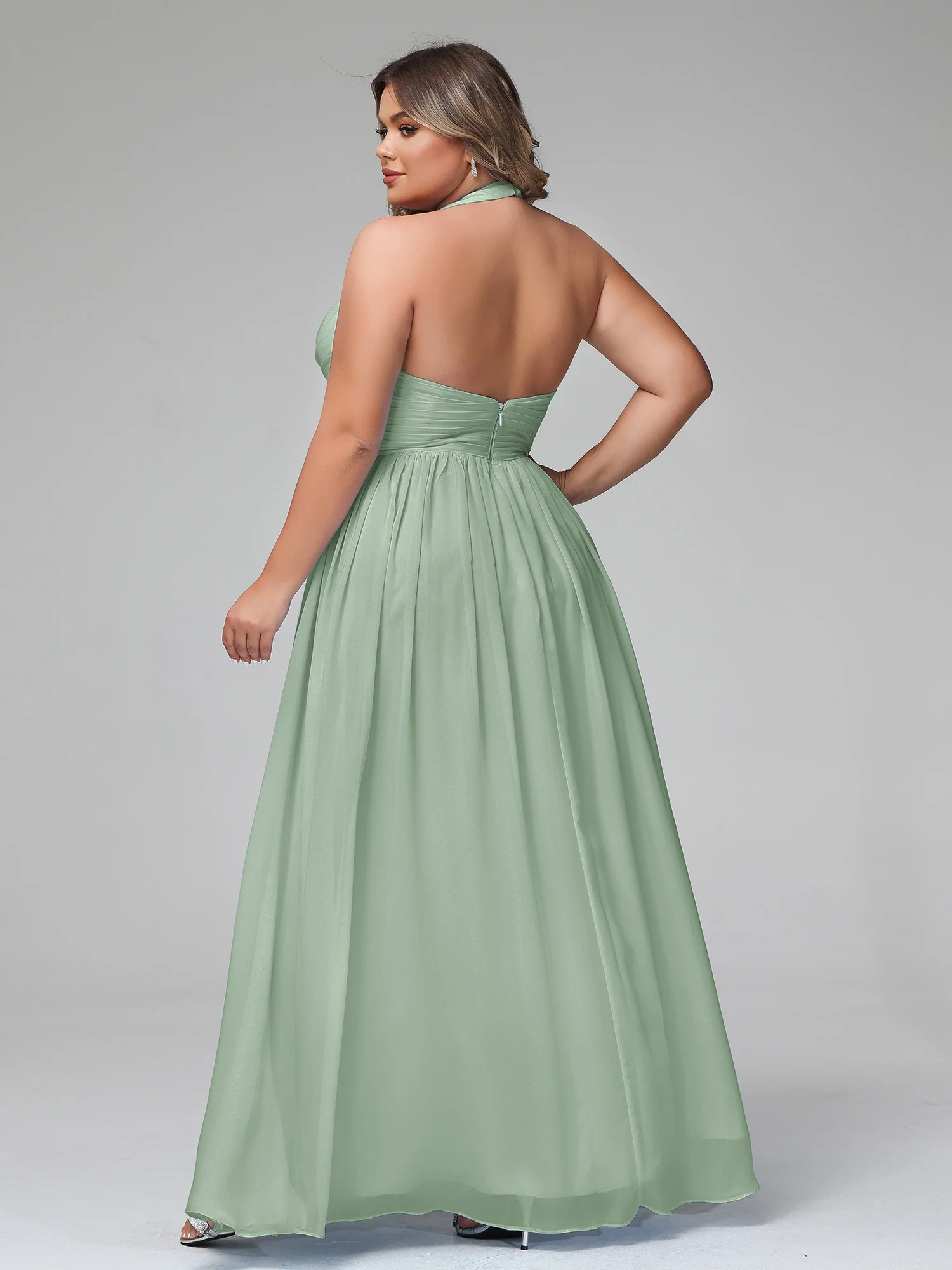 Halter V Neck Chiffon Bridesmaid Gown-Agave - Image 5
