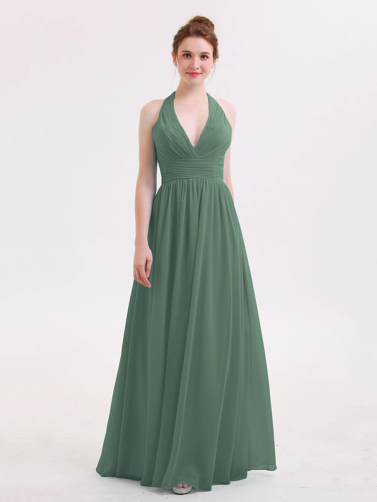 Halter V Neck Chiffon Bridesmaid Gown-Eucalyptus