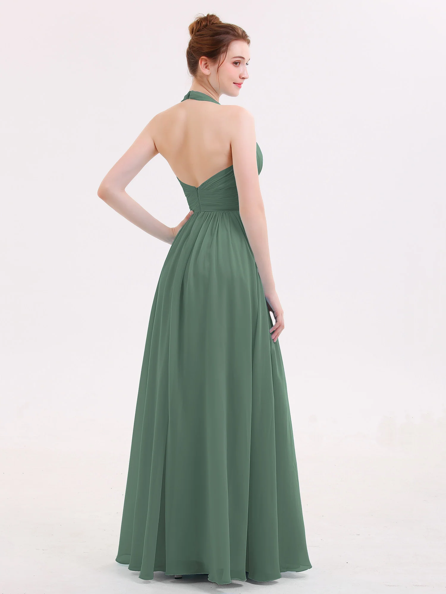 Halter V Neck Chiffon Bridesmaid Gown-Eucalyptus - Image 2