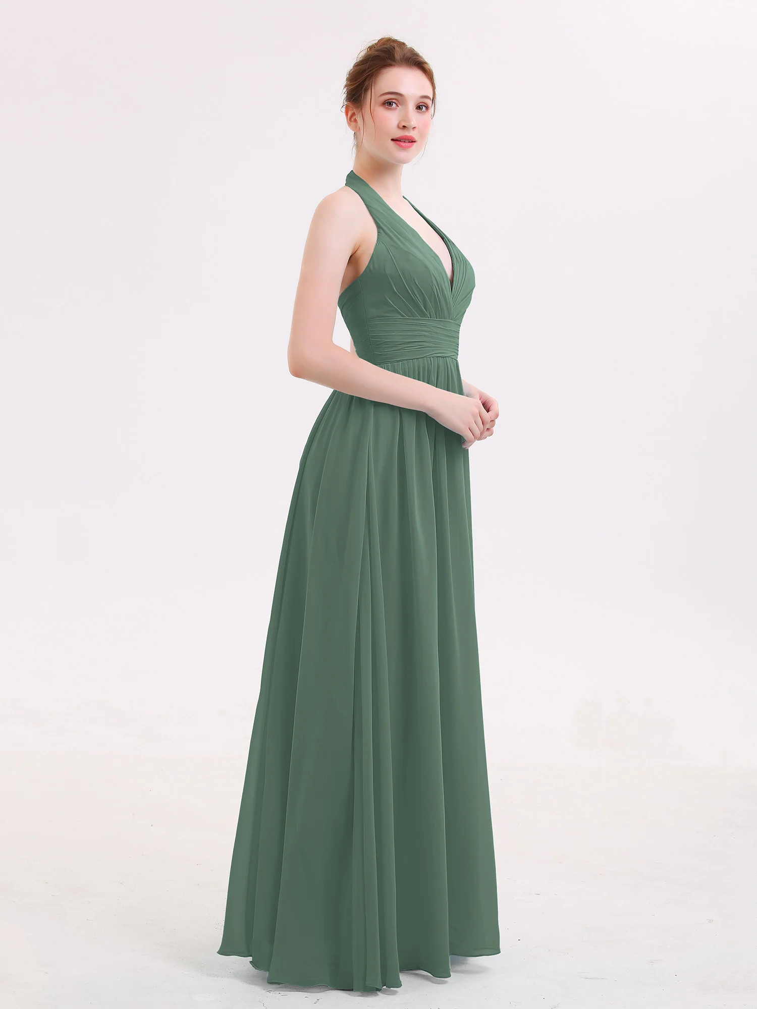 Halter V Neck Chiffon Bridesmaid Gown-Eucalyptus - Image 3