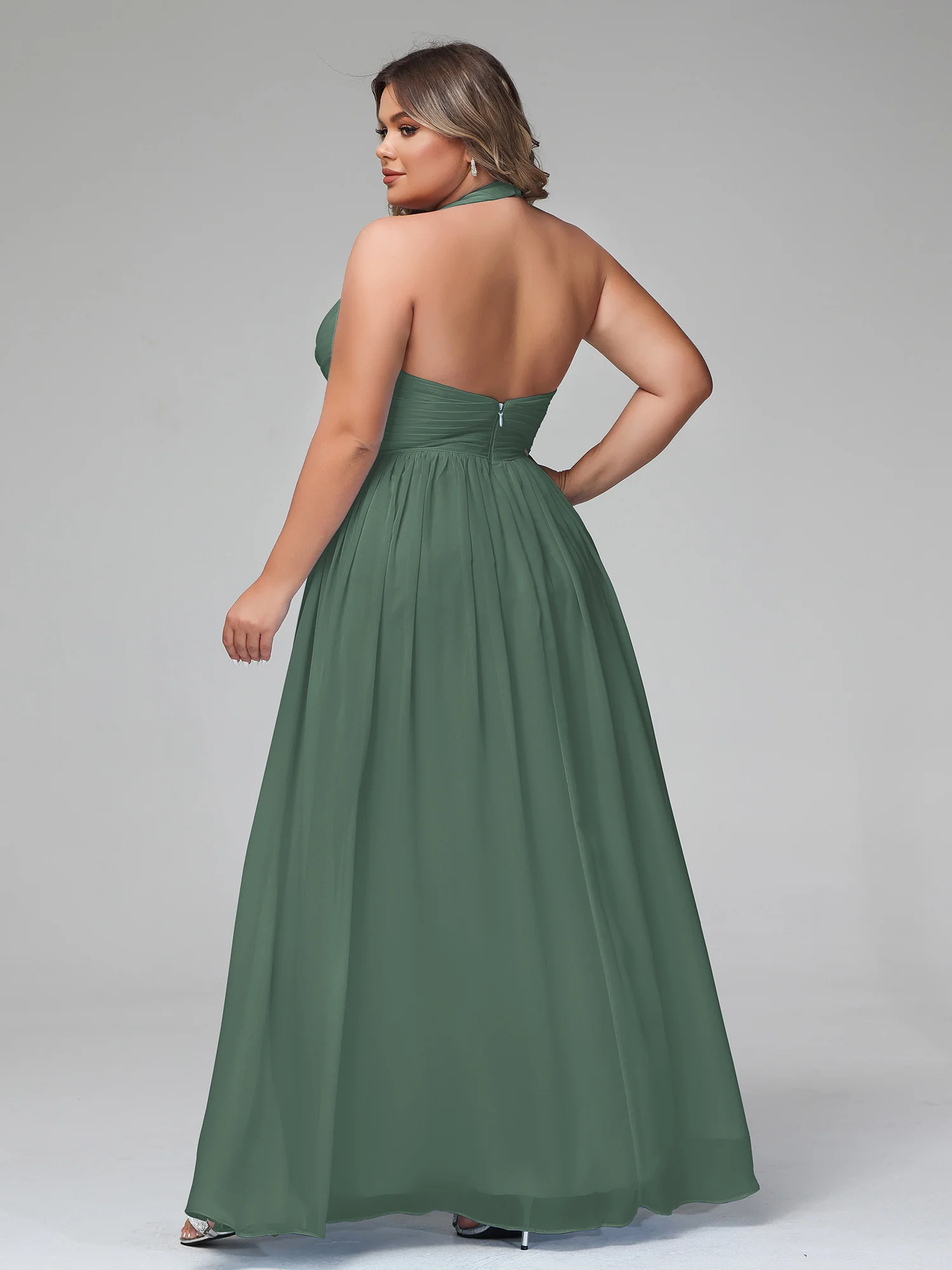 Halter V Neck Chiffon Bridesmaid Gown-Eucalyptus - Image 5