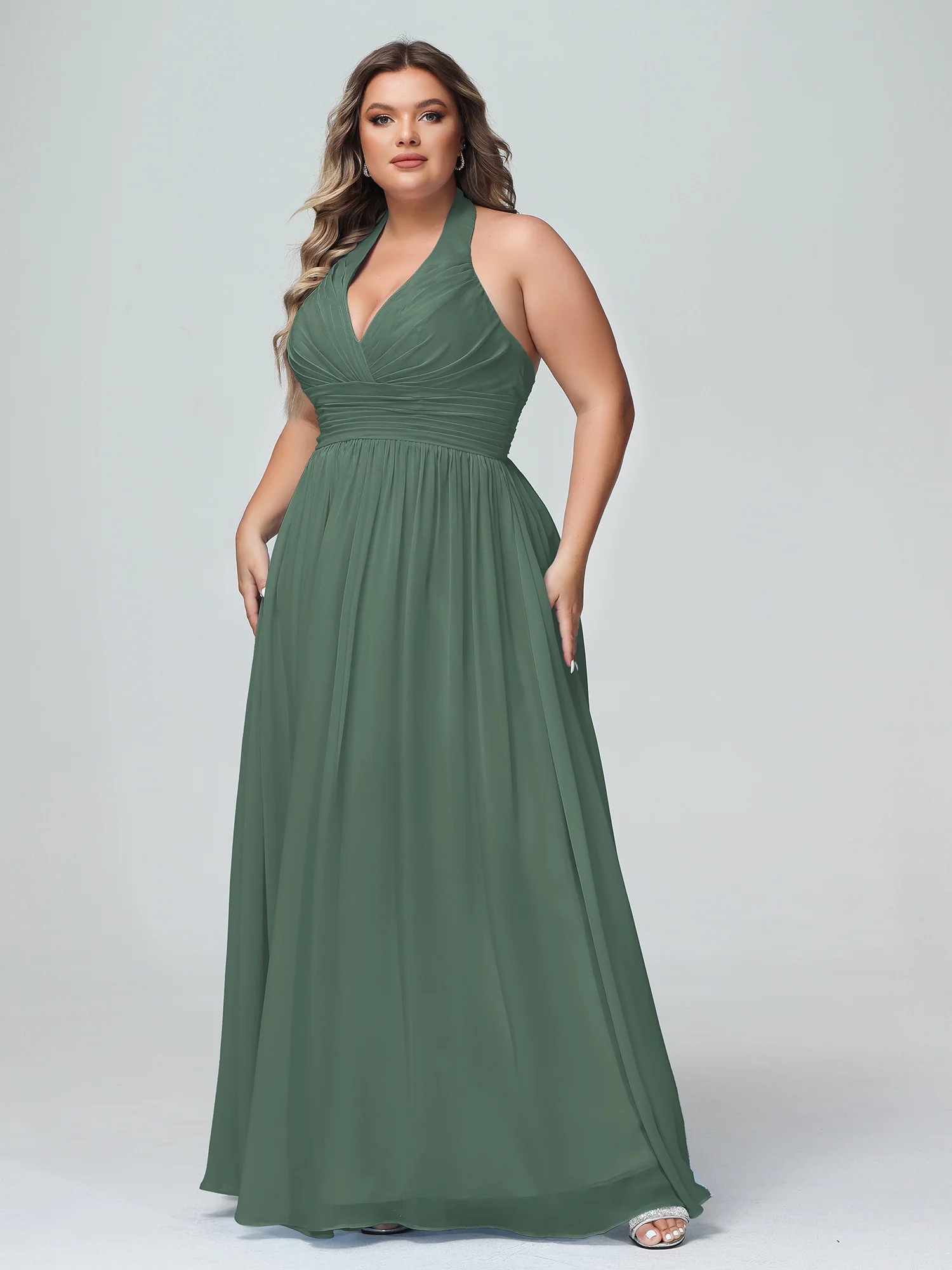 Halter V Neck Chiffon Bridesmaid Gown-Eucalyptus - Image 6