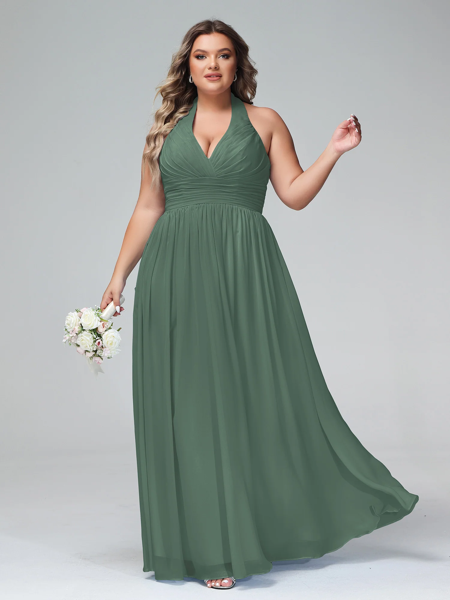 Halter V Neck Chiffon Bridesmaid Gown-Eucalyptus - Image 7
