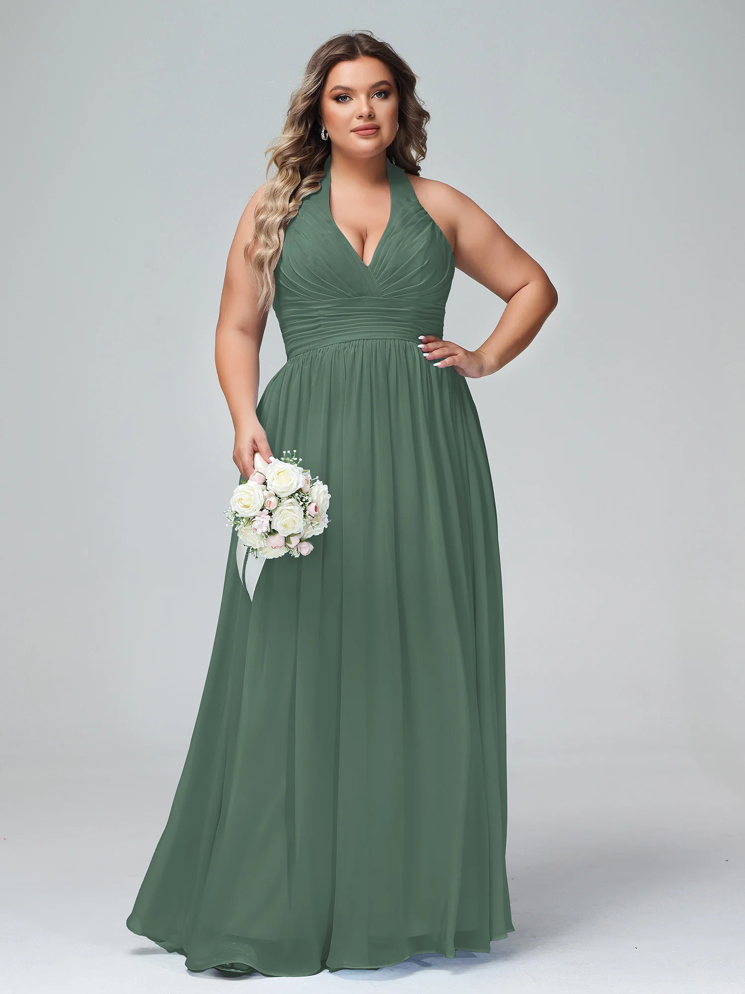Halter V Neck Chiffon Bridesmaid Gown-Eucalyptus - Image 8