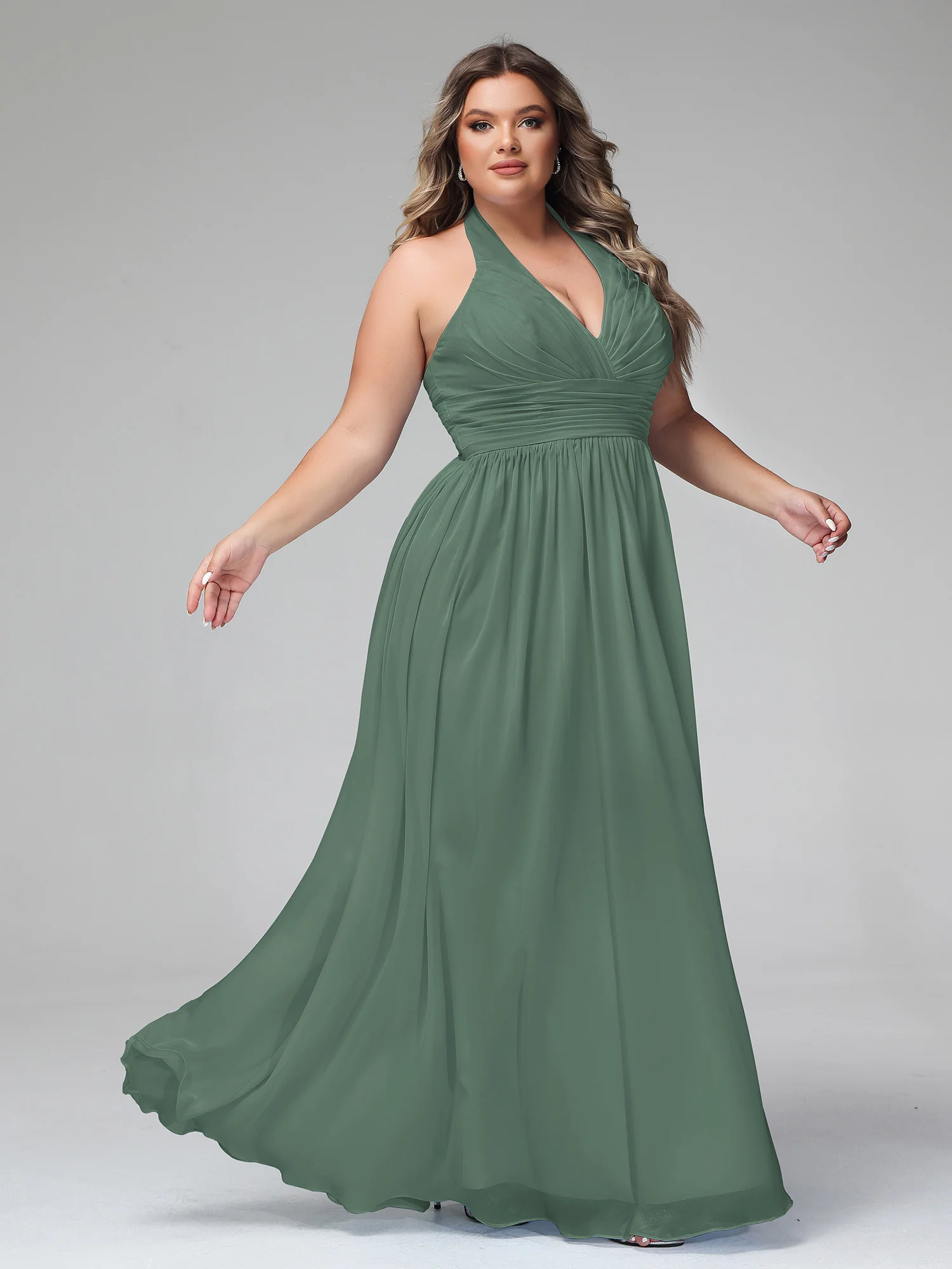 Halter V Neck Chiffon Bridesmaid Gown-Eucalyptus - Image 9