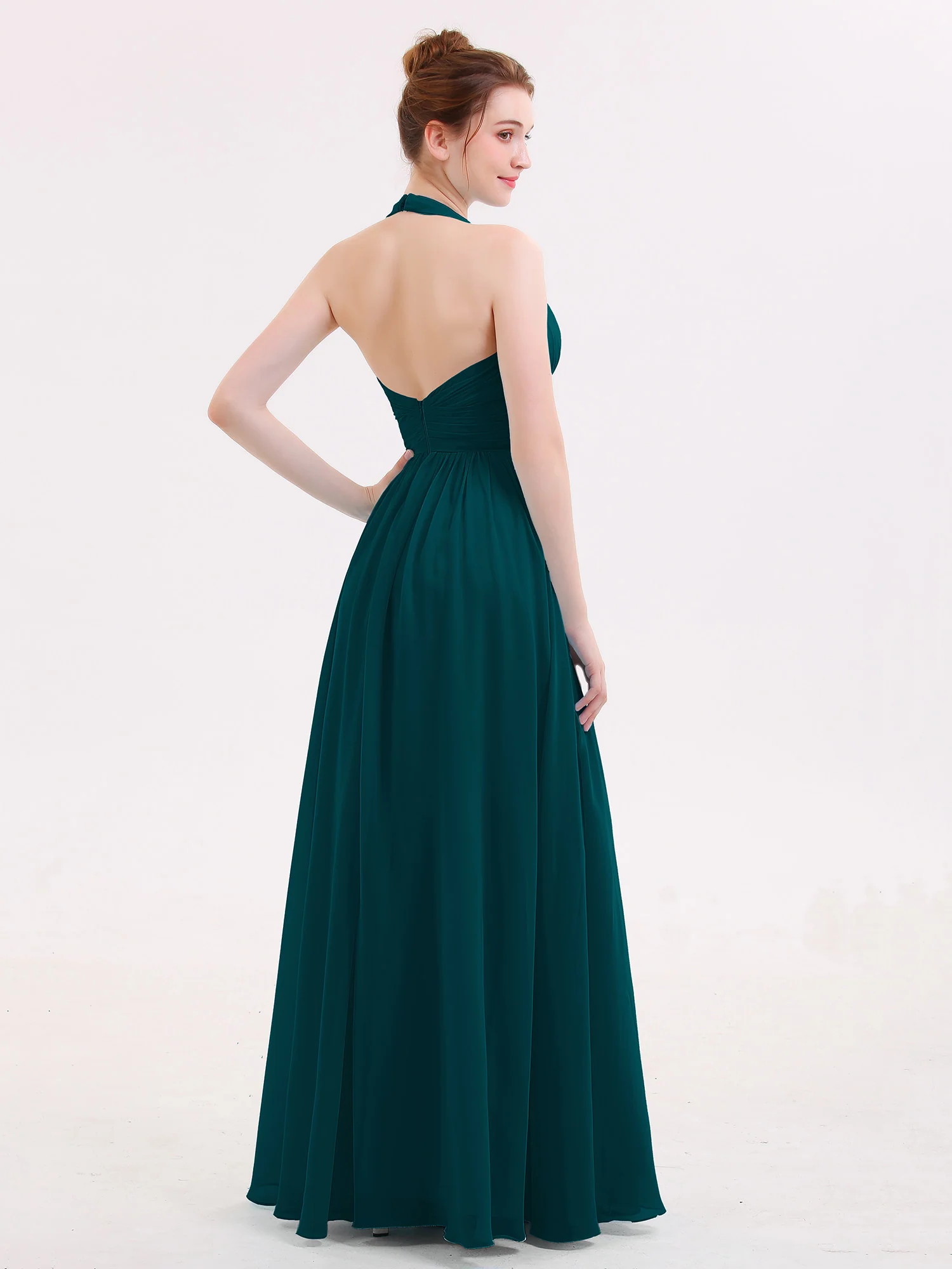 Halter V Neck Chiffon Bridesmaid Gown-Pine - Image 2