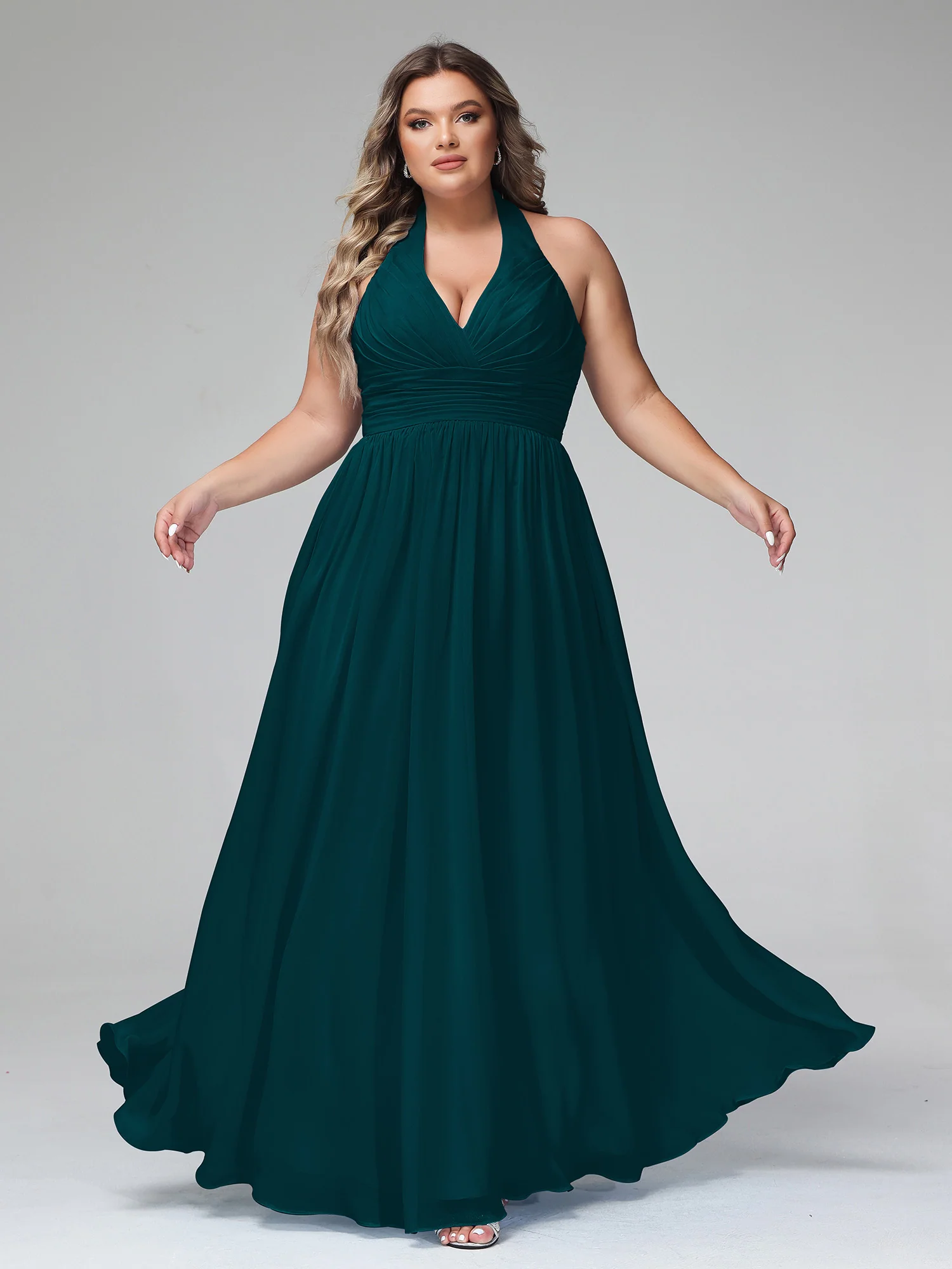 Halter V Neck Chiffon Bridesmaid Gown-Pine - Image 4