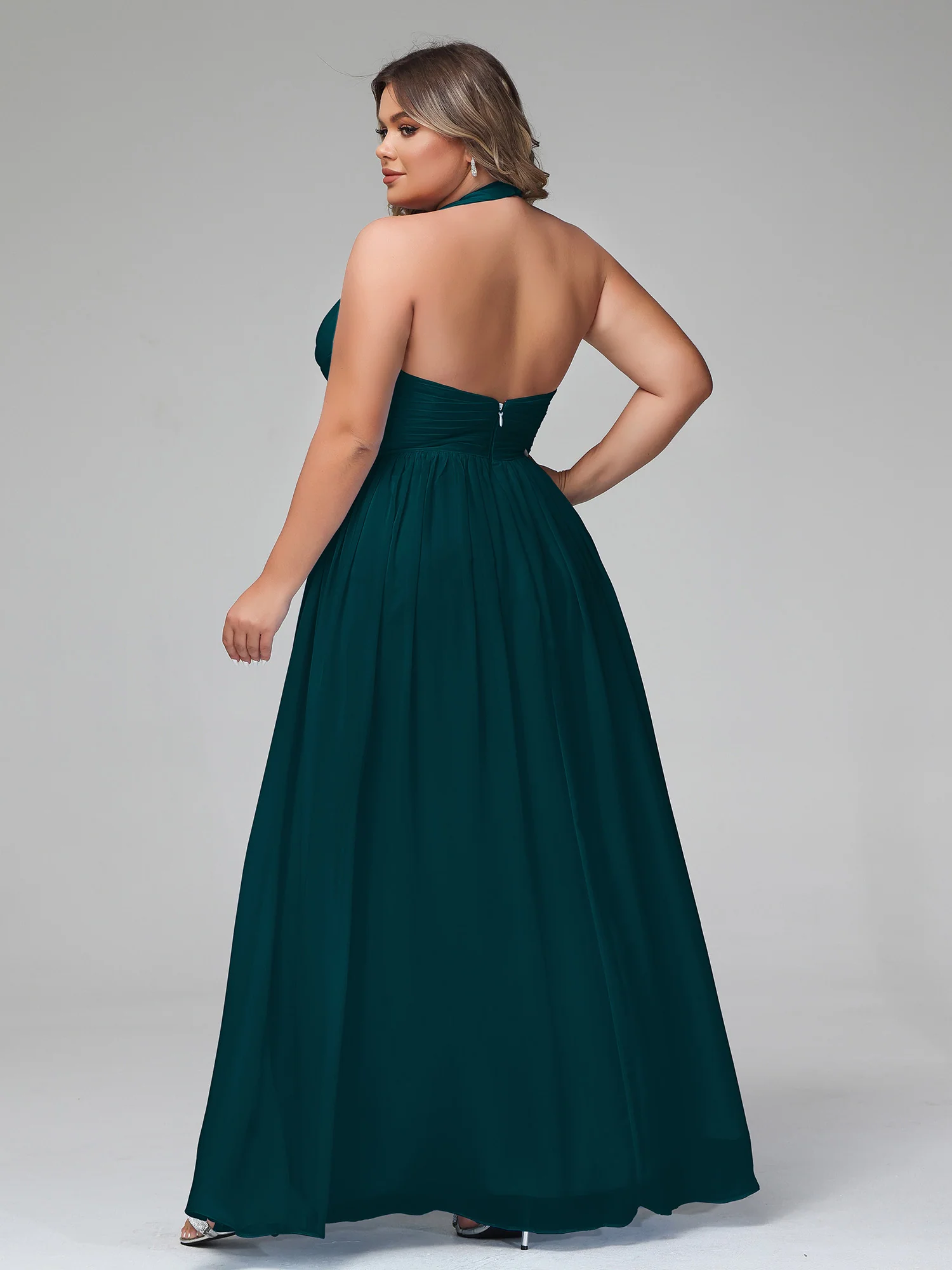 Halter V Neck Chiffon Bridesmaid Gown-Pine - Image 5
