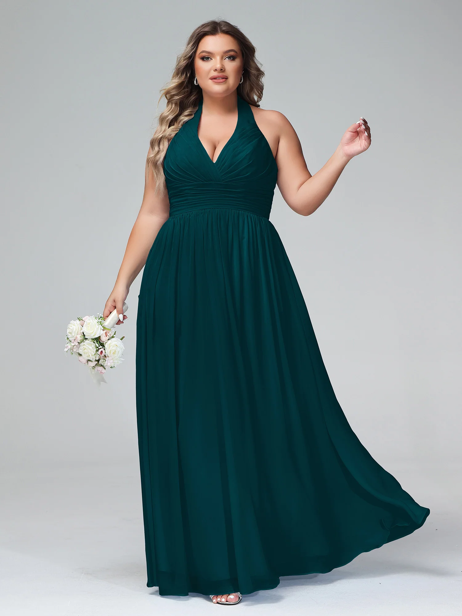 Halter V Neck Chiffon Bridesmaid Gown-Pine - Image 7