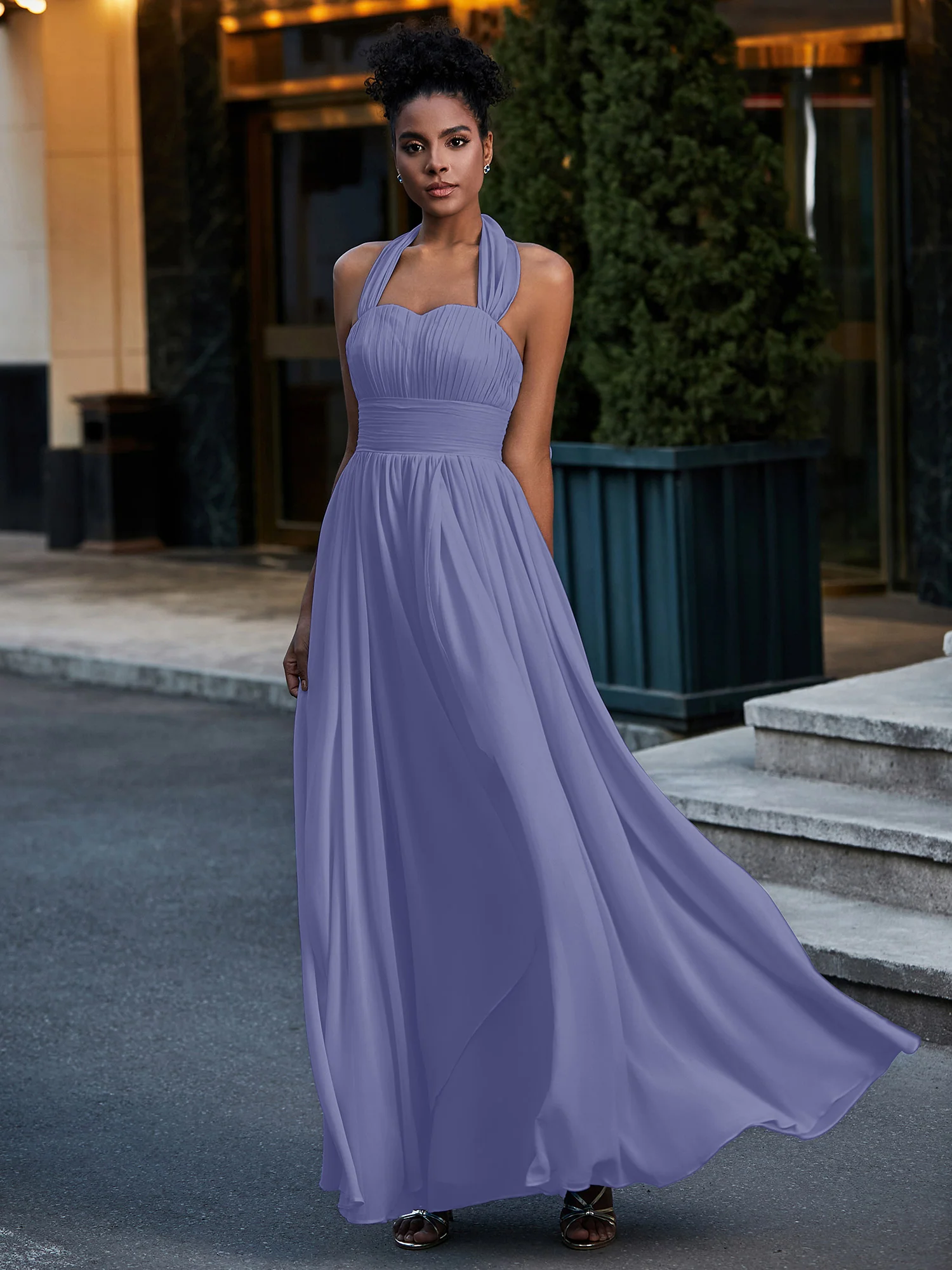 Halter Chiffon Dresses with Cascade Skirt-Periwinkle