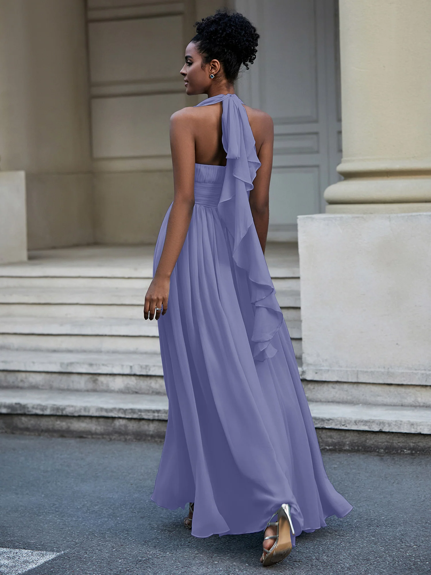 Halter Chiffon Dresses with Cascade Skirt-Periwinkle - Image 2