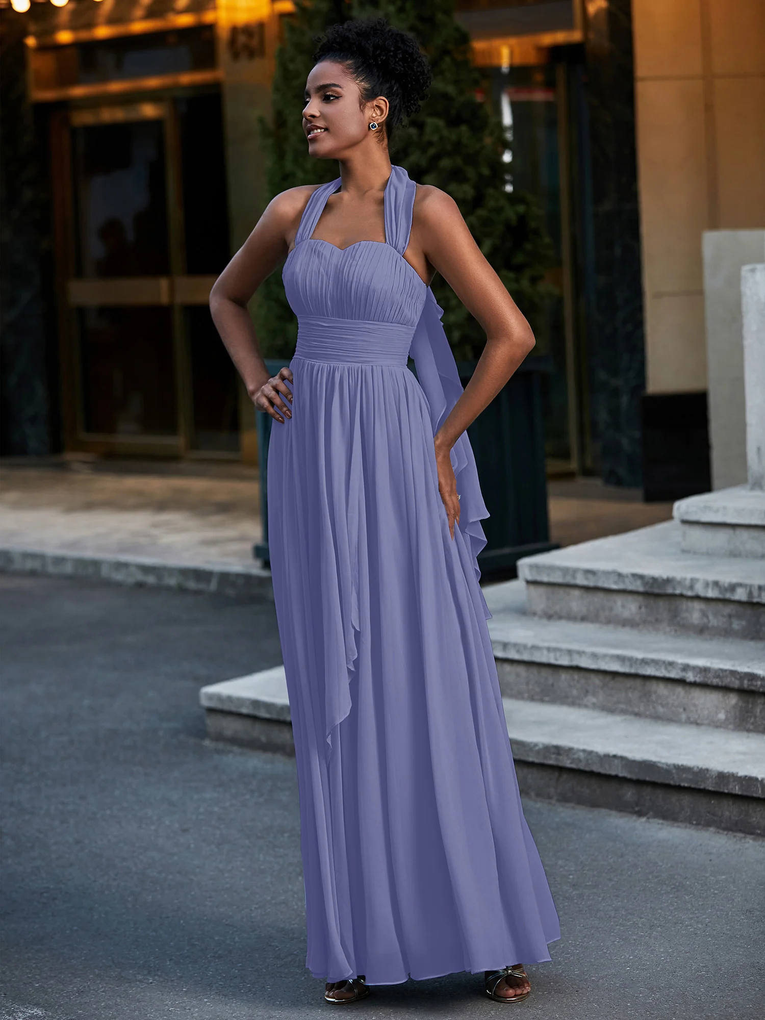 Halter Chiffon Dresses with Cascade Skirt-Periwinkle - Image 3