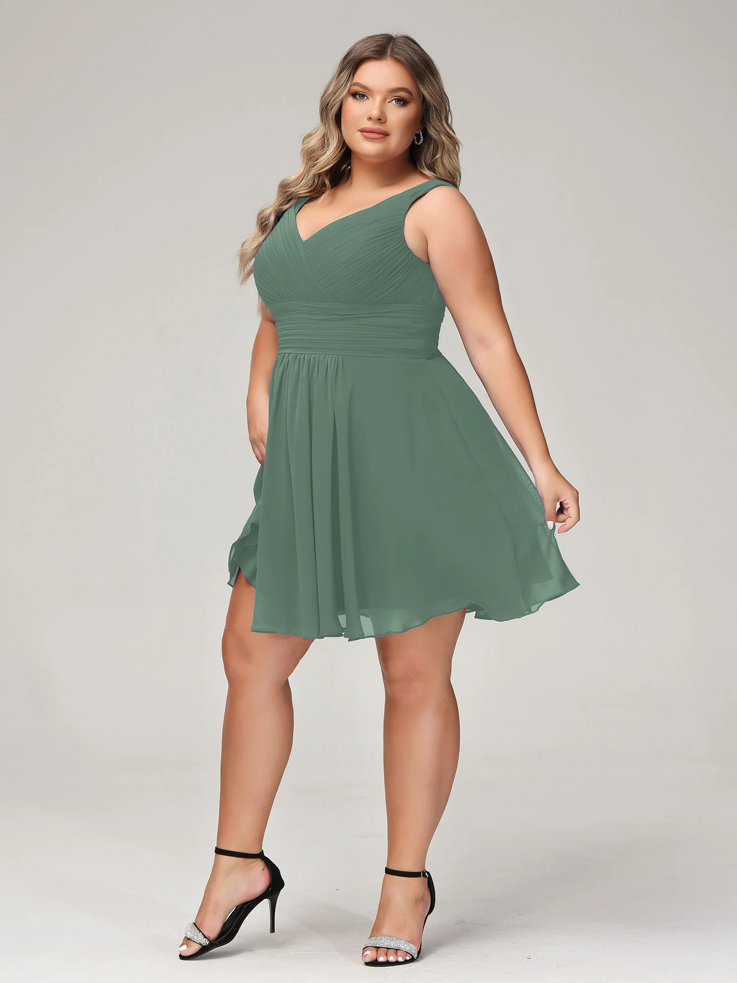 V Neck Chiffon Short Bridesmaid Dresses-Eucalyptus - Image 10
