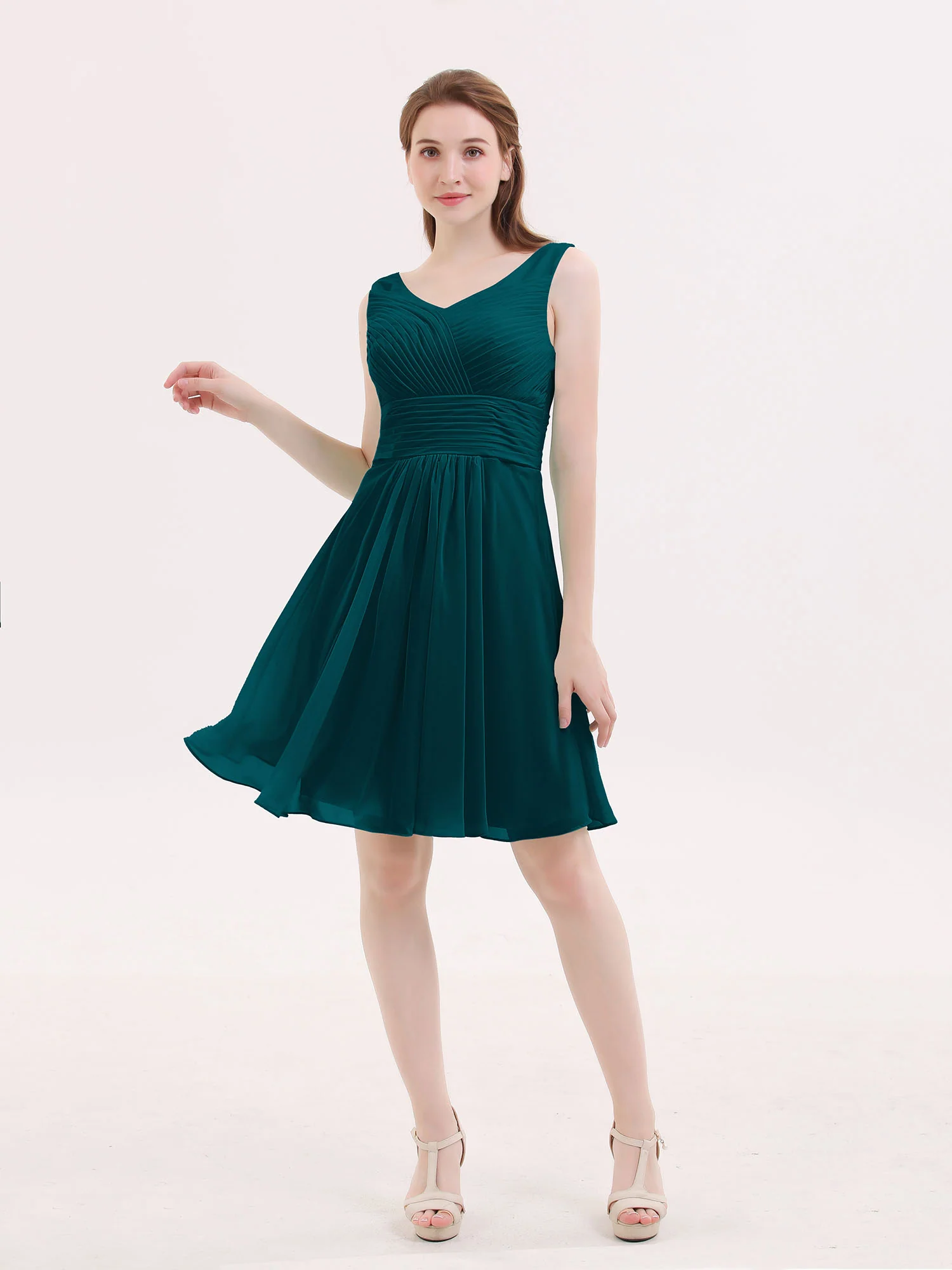 V Neck Chiffon Short Bridesmaid Dresses-Pine - Image 2