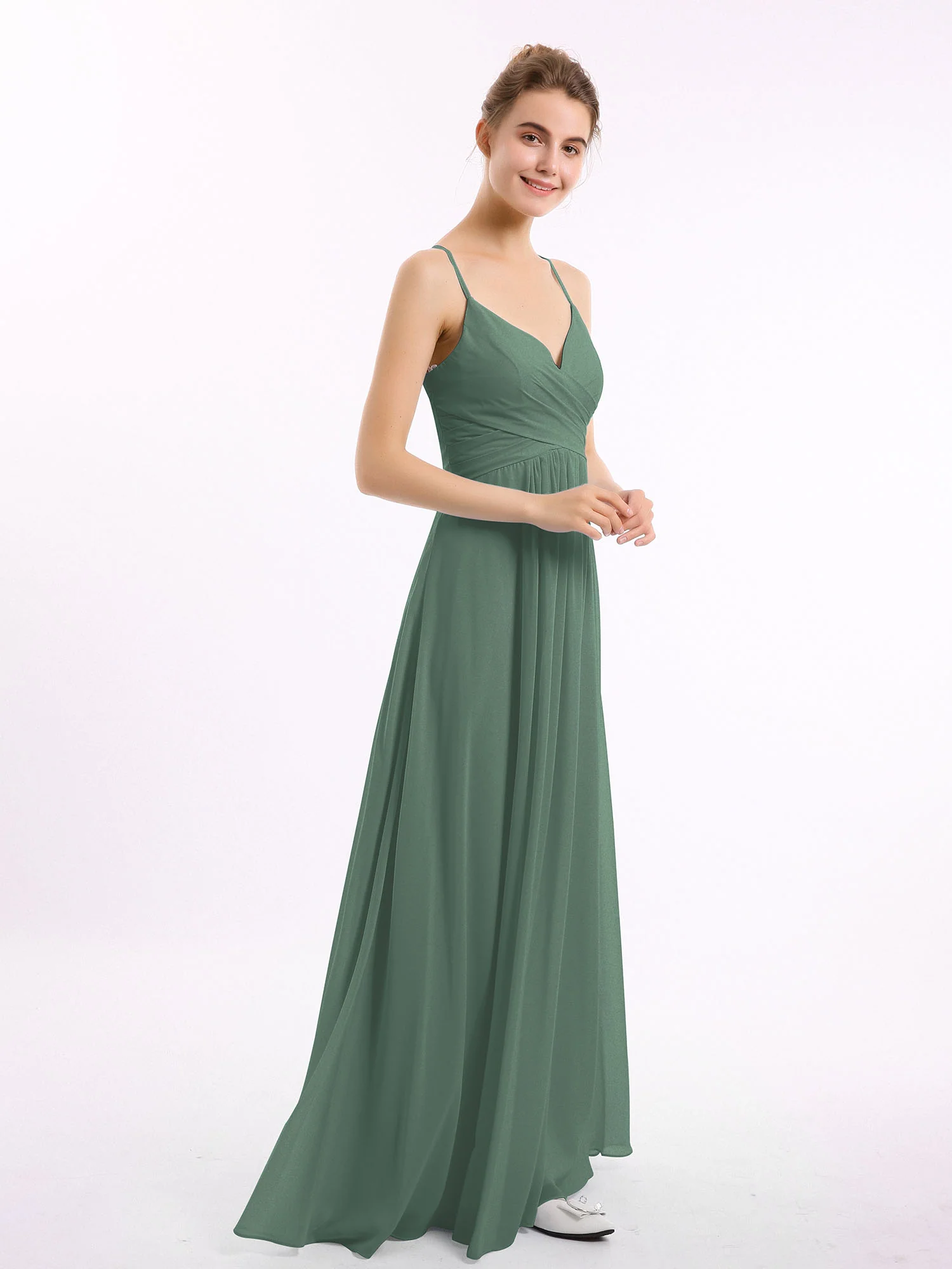 Spaghetti Strap V-neck Chiffon Dresses-Eucalyptus - Image 3