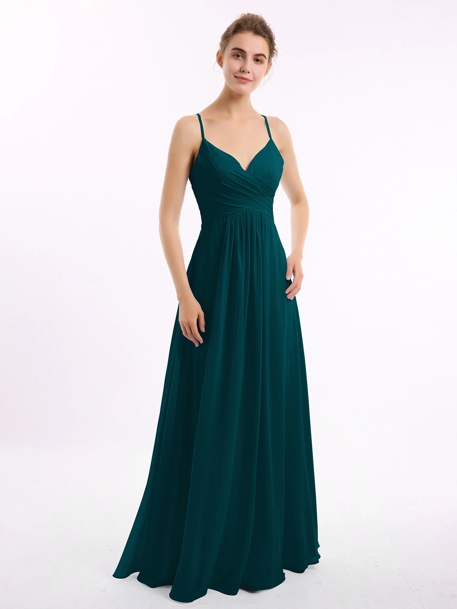 Spaghetti Strap V-neck Chiffon Dresses-Pine