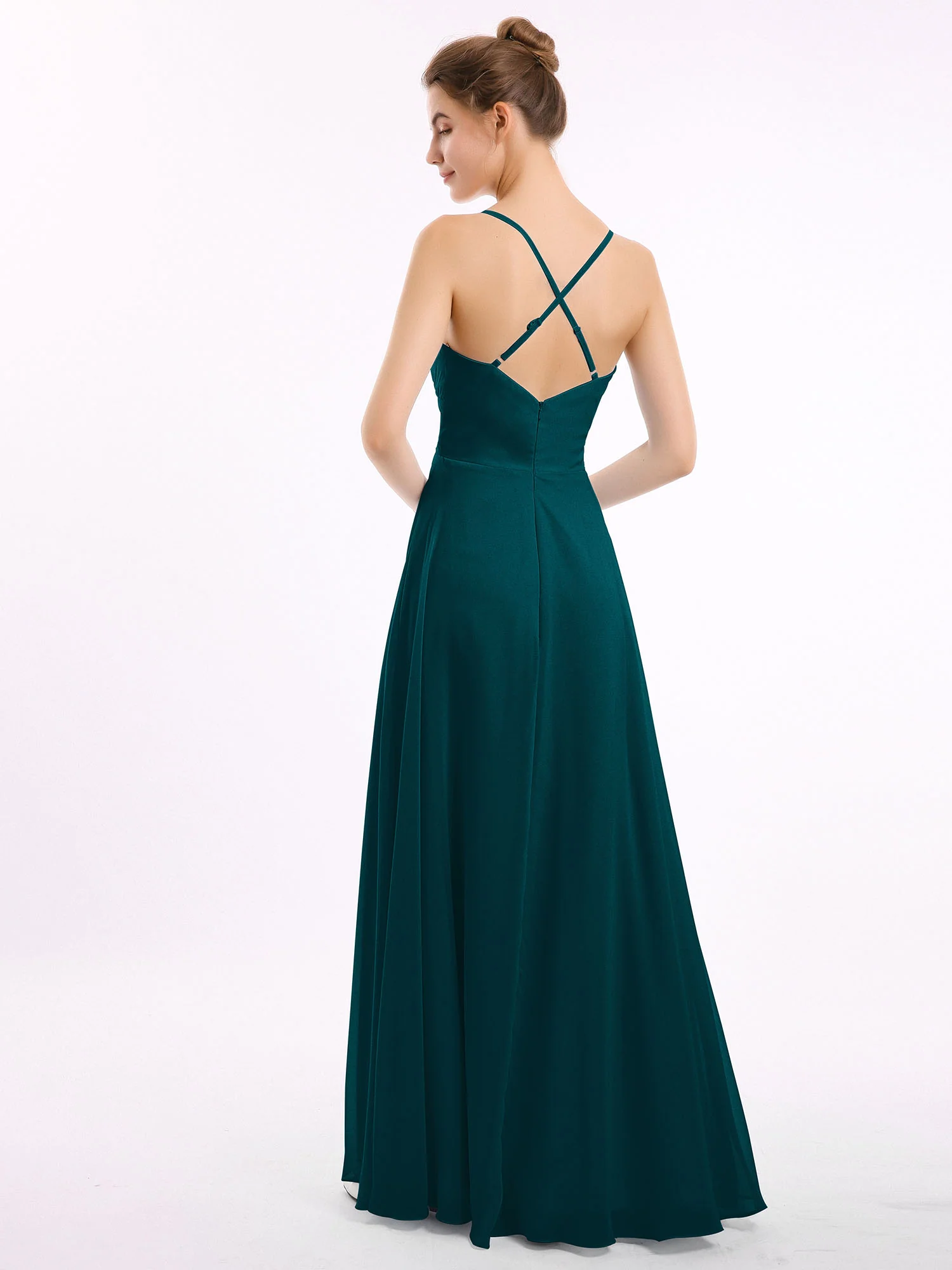 Spaghetti Strap V-neck Chiffon Dresses-Pine - Image 2