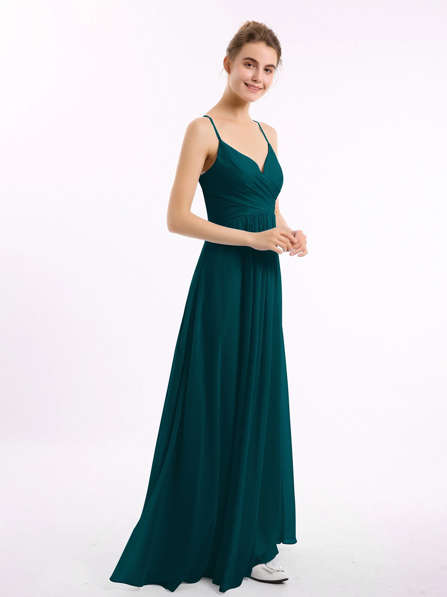Spaghetti Strap V-neck Chiffon Dresses-Pine - Image 3