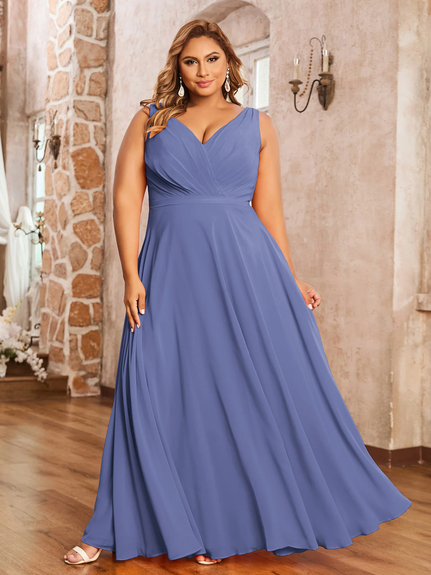 V Neckline Chiffon Bridesmaid Dresses Periwinkle Plus Size