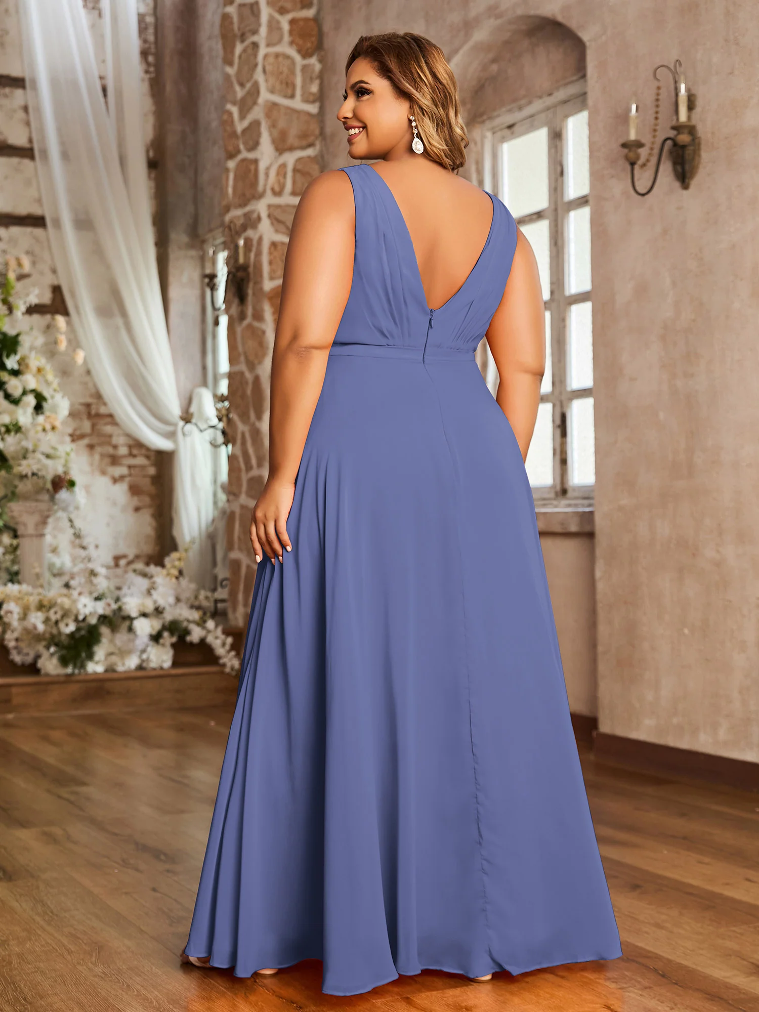 V Neckline Chiffon Bridesmaid Dresses Periwinkle Plus Size - Image 2