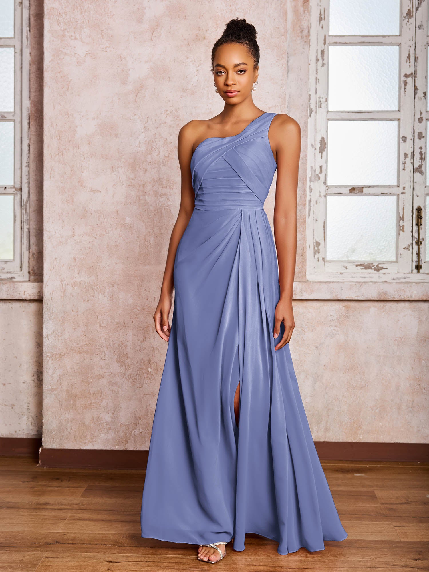 Backless One-Shoulder Pleated Chiffon Dresses with Slit Periwinkle - Image 3