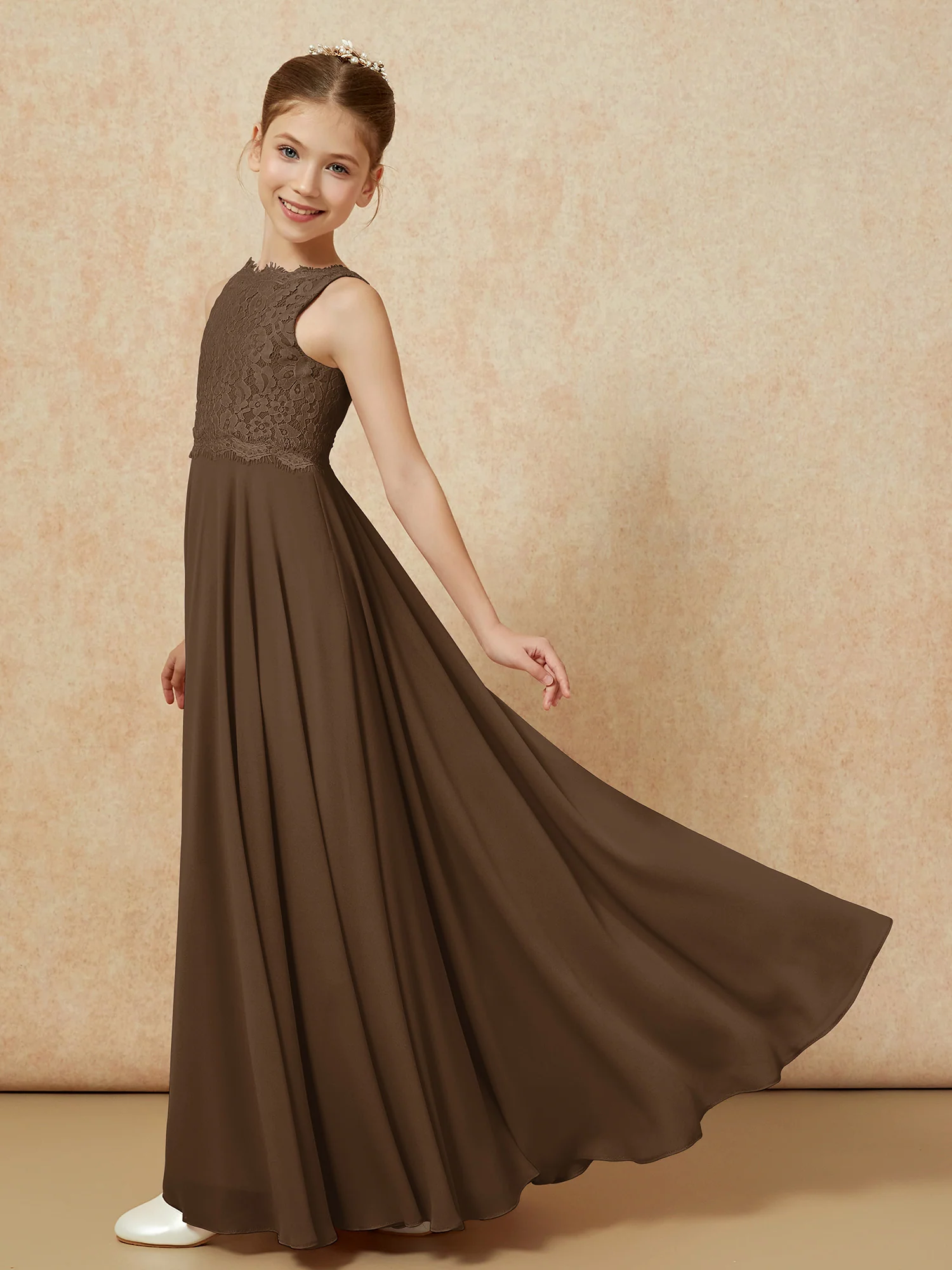 Bateau A-line Floor-length Chiffon Junior Bridesmaid Dress Brown - Image 4