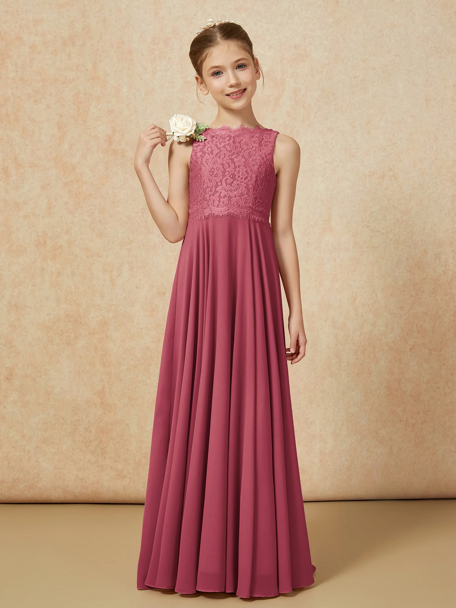 Bateau A-line Floor-length Chiffon Junior Bridesmaid Dress Cinnamon Rose