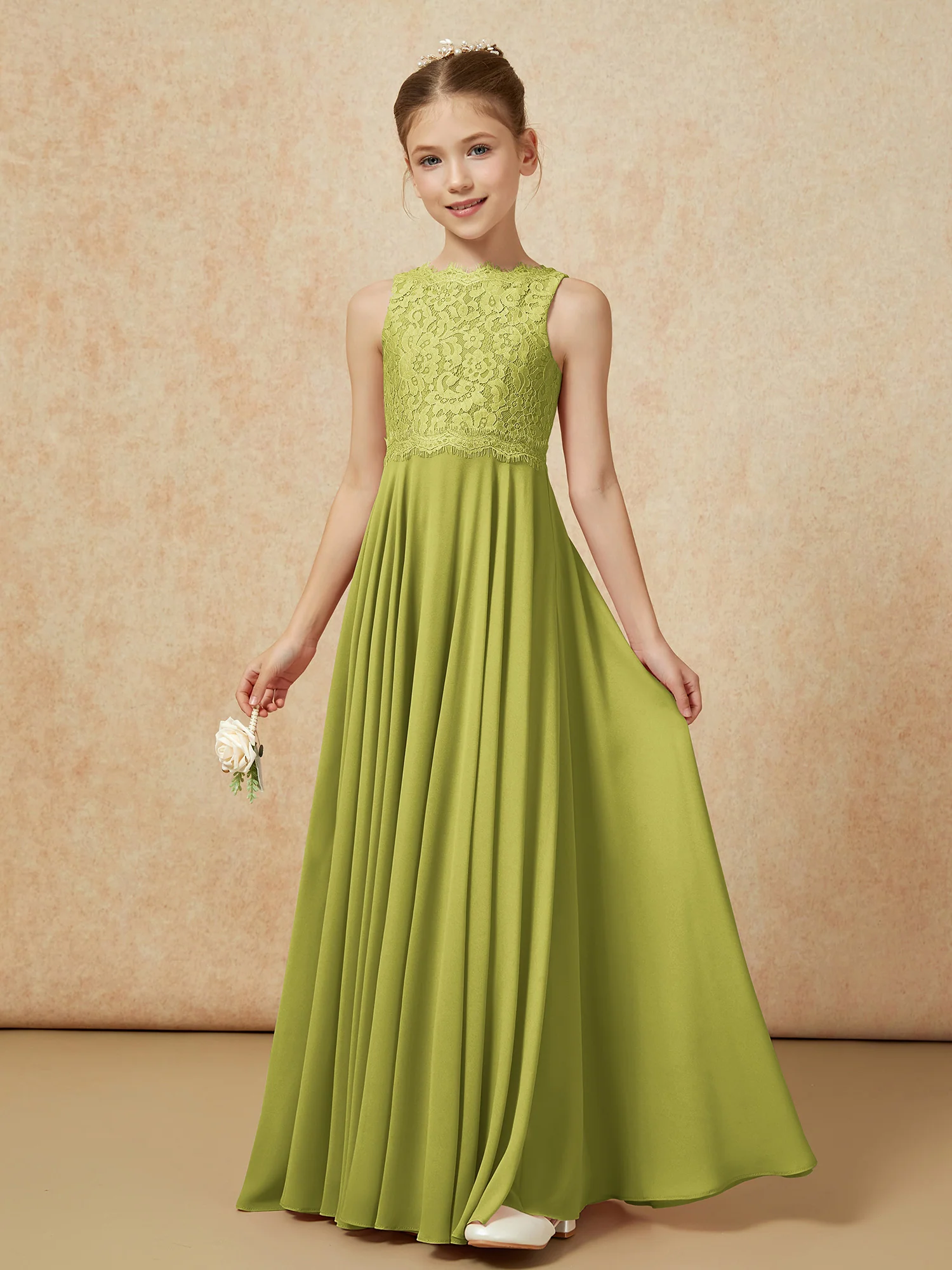 Bateau A-line Floor-length Chiffon Junior Bridesmaid Dress Clover - Image 3