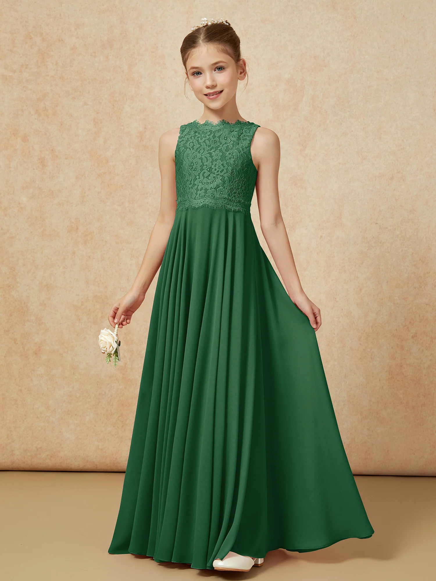 Bateau A-line Floor-length Chiffon Junior Bridesmaid Dress Dark Green - Image 3