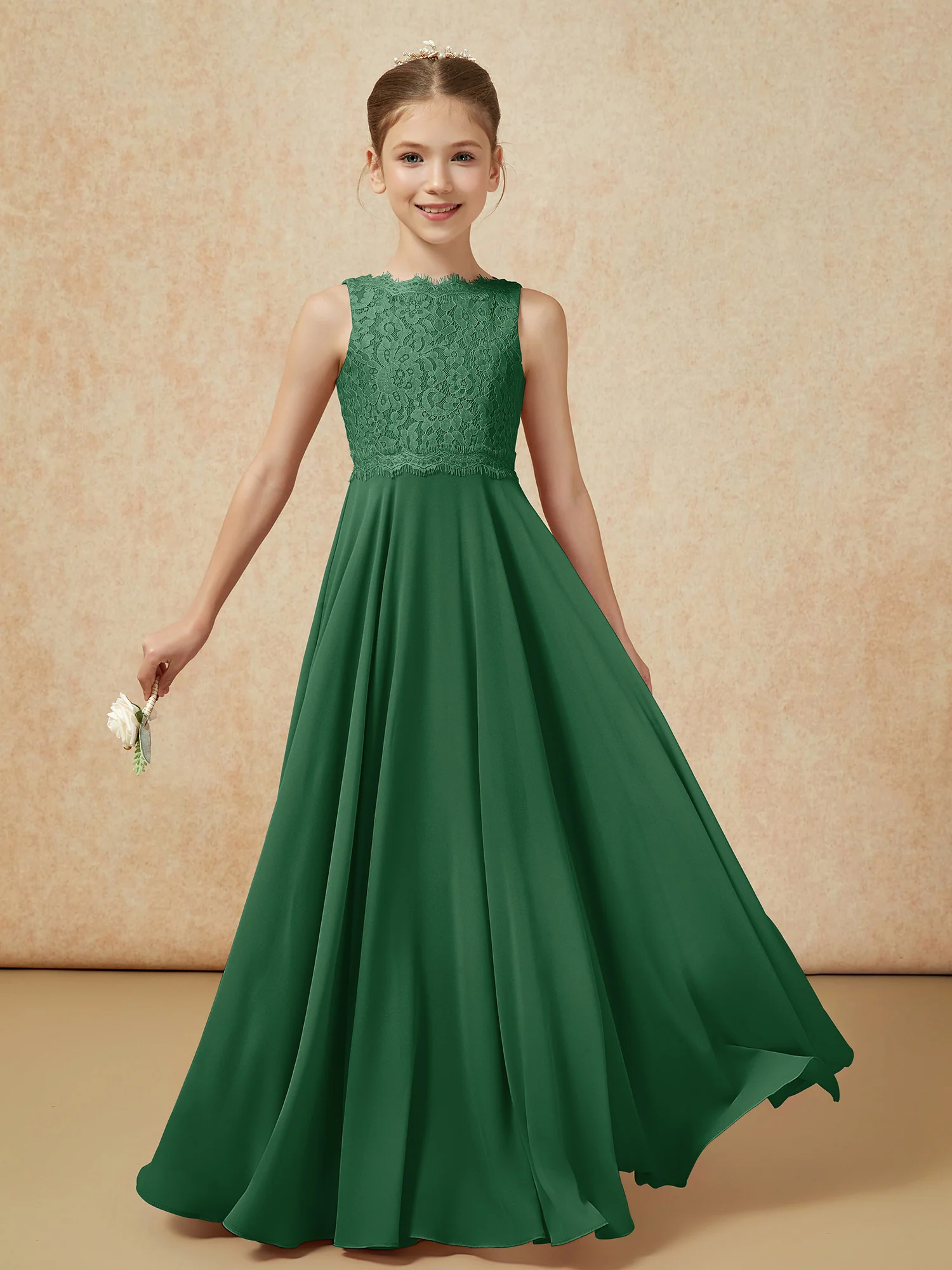 Bateau A-line Floor-length Chiffon Junior Bridesmaid Dress Dark Green - Image 5