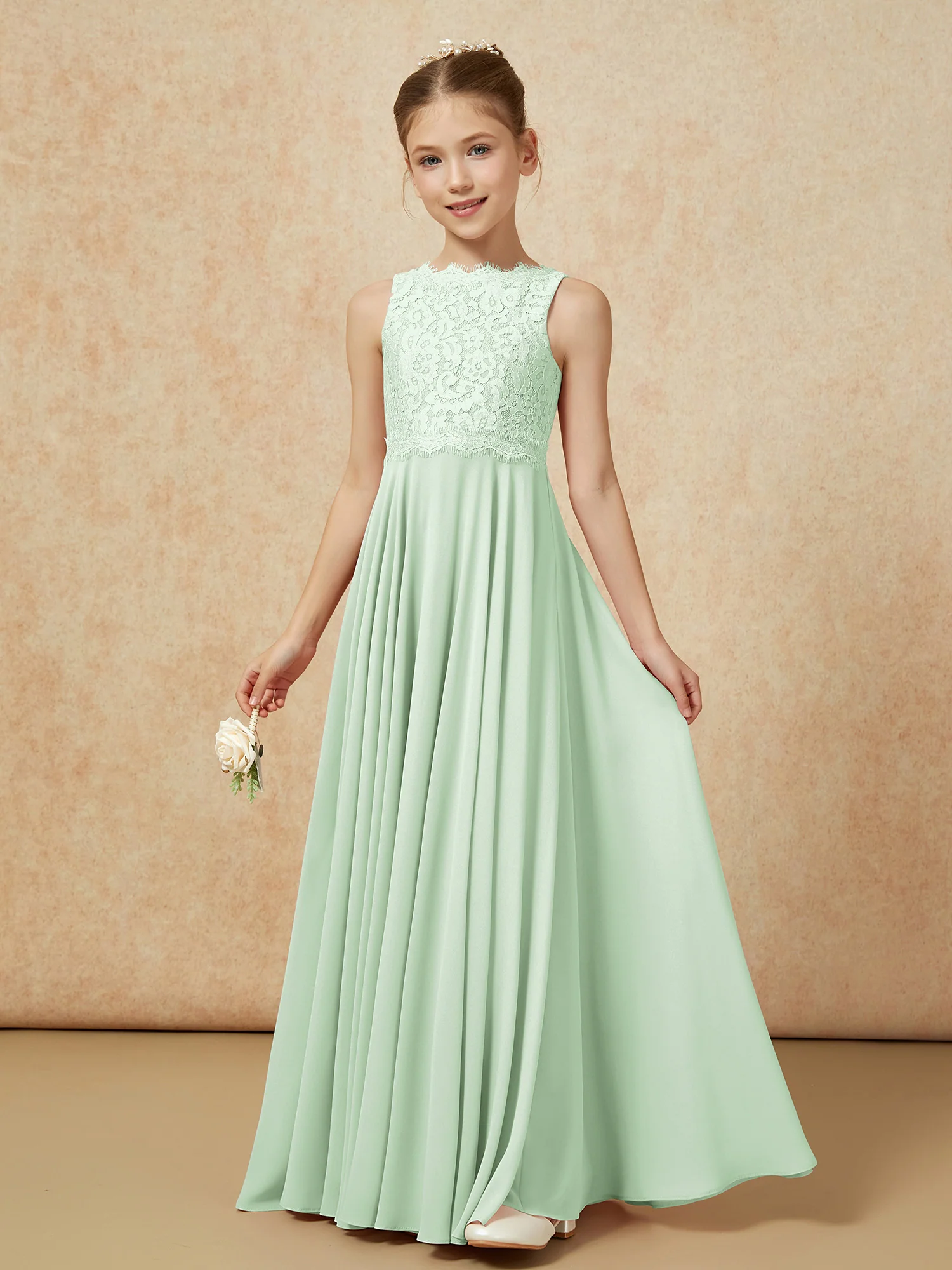Bateau A-line Floor-length Chiffon Junior Bridesmaid Dress Dusty Sage - Image 3