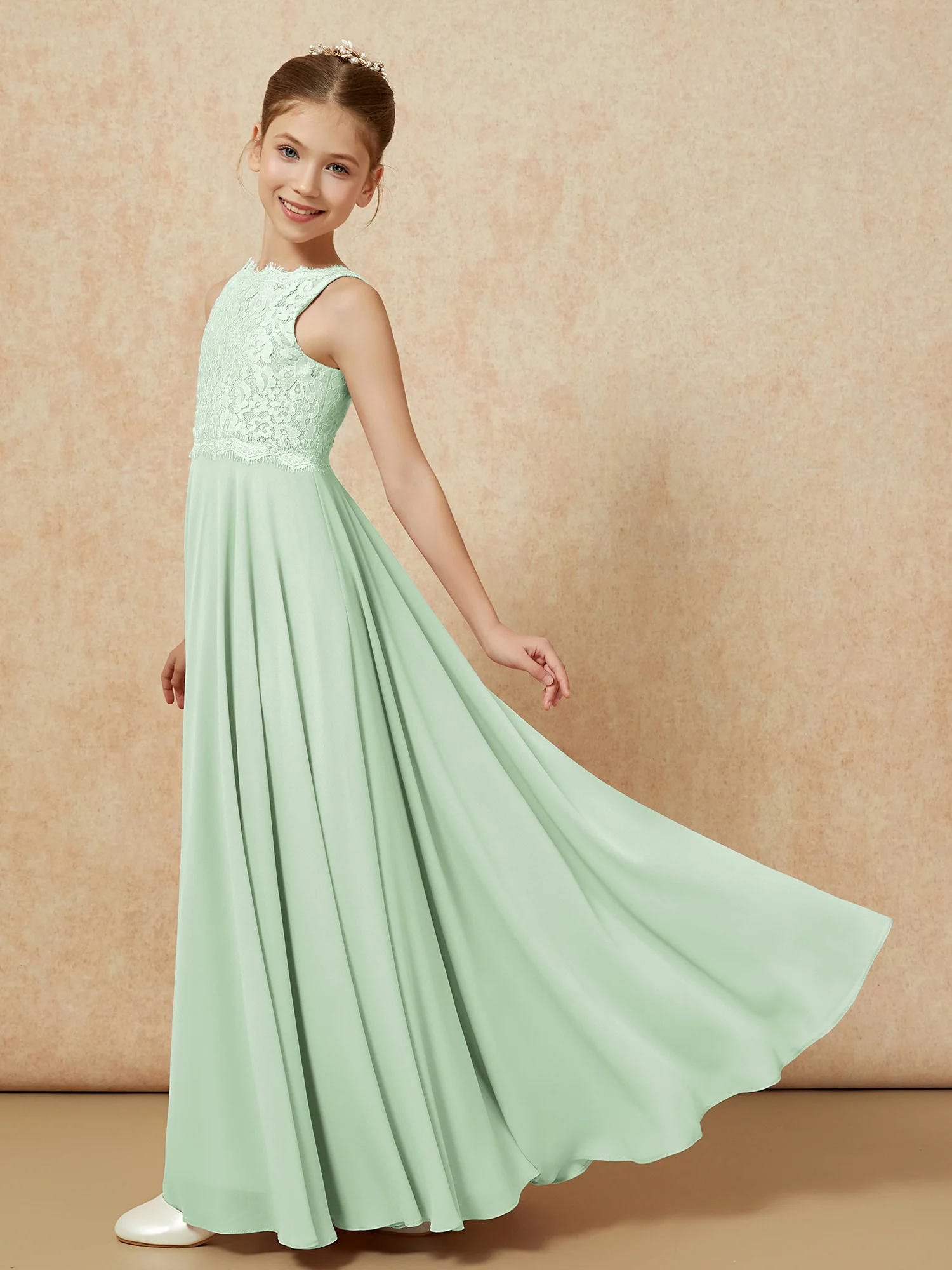 Bateau A-line Floor-length Chiffon Junior Bridesmaid Dress Dusty Sage - Image 4