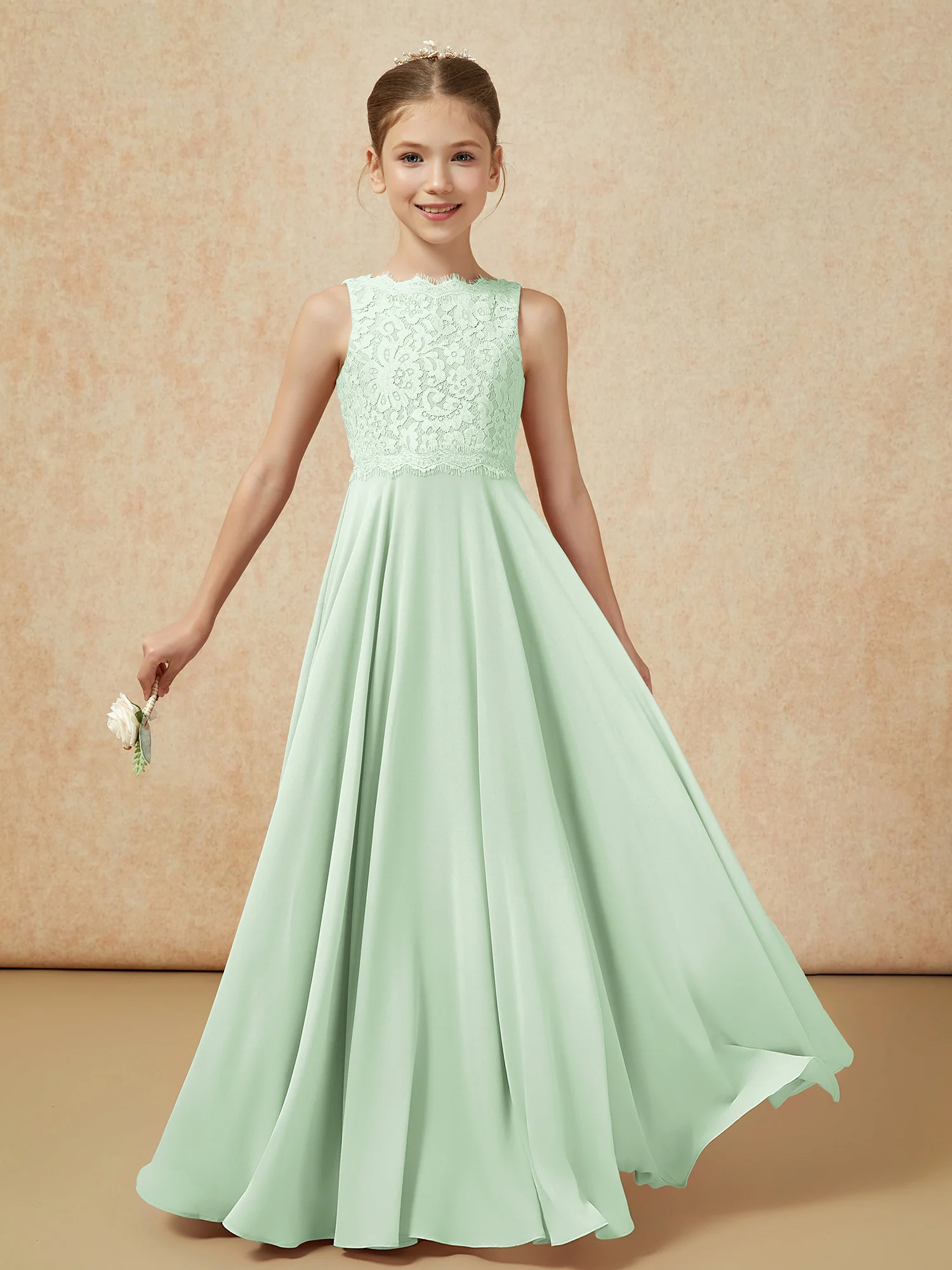 Bateau A-line Floor-length Chiffon Junior Bridesmaid Dress Dusty Sage - Image 5