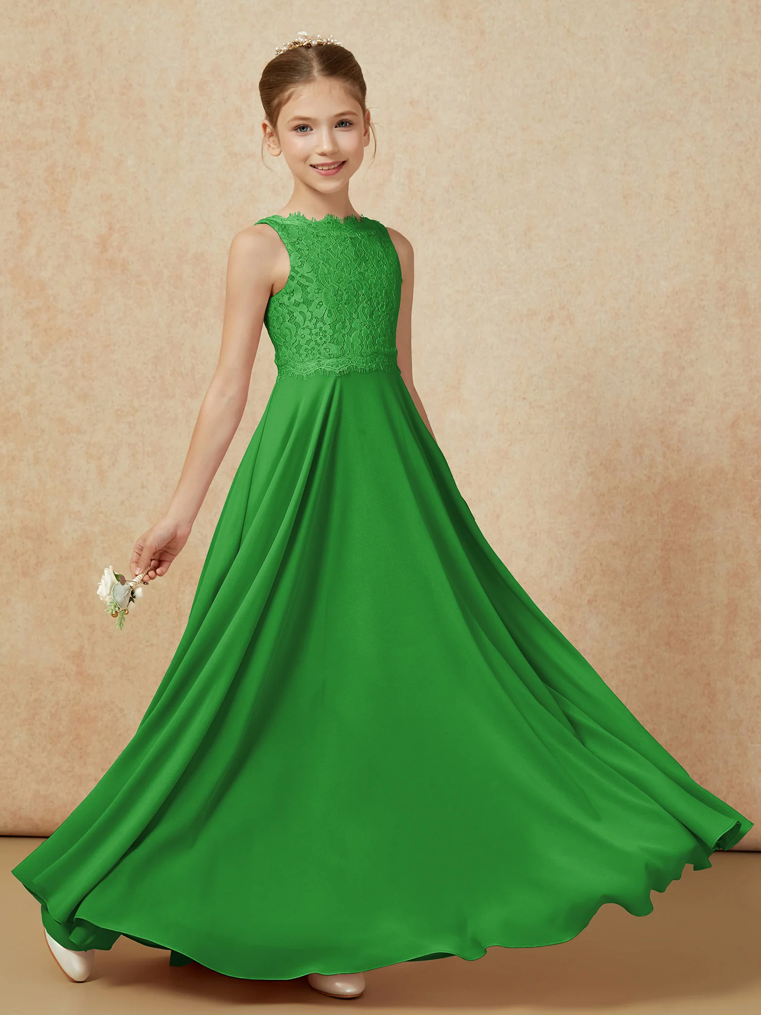 Bateau A-line Floor-length Chiffon Junior Bridesmaid Dress Green - Image 6