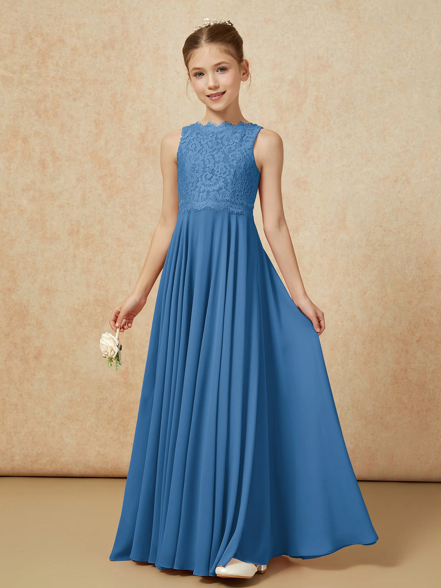 Bateau A-line Floor-length Chiffon Junior Bridesmaid Dress Ink Blue - Image 3