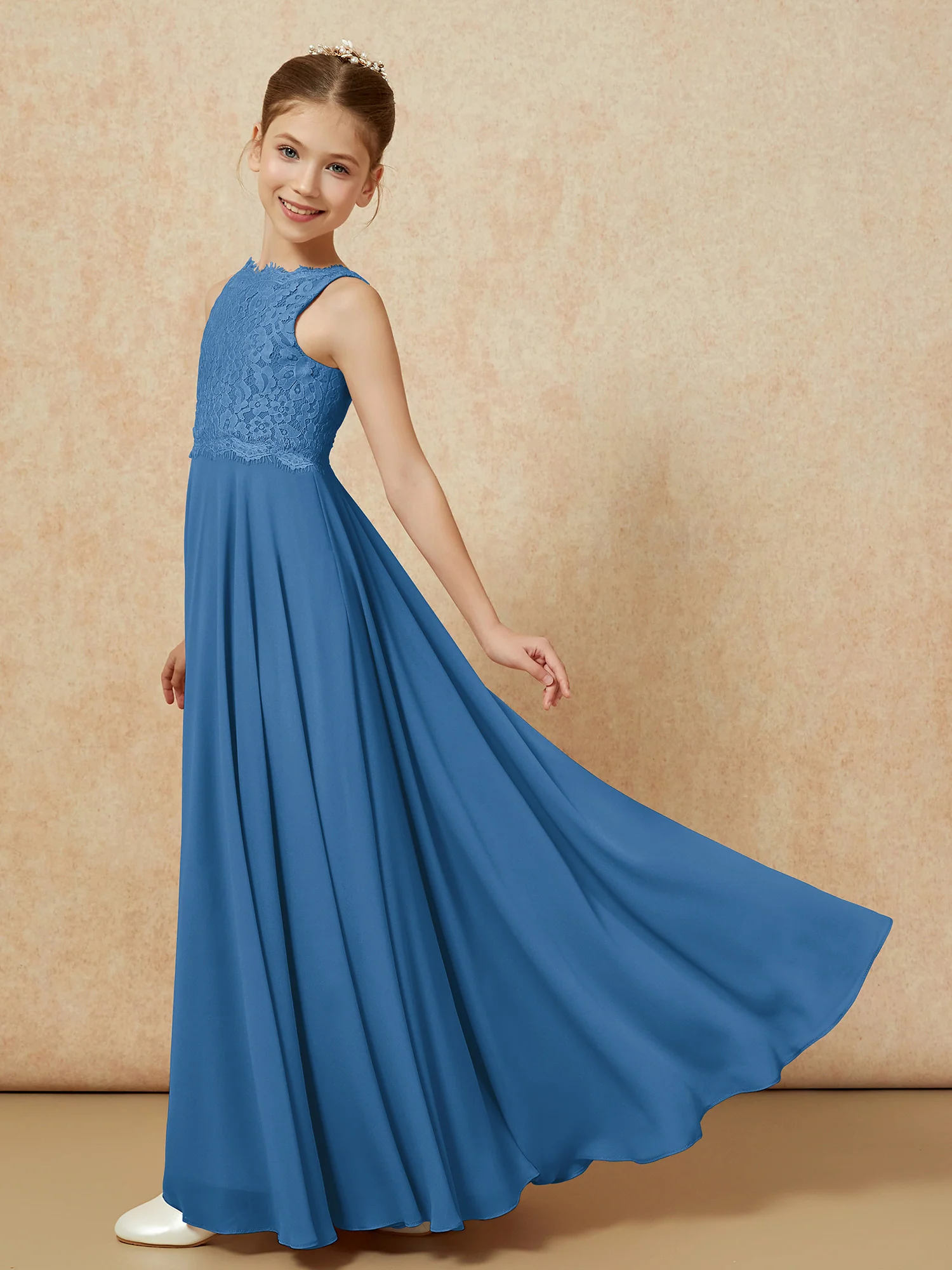 Bateau A-line Floor-length Chiffon Junior Bridesmaid Dress Ink Blue - Image 4