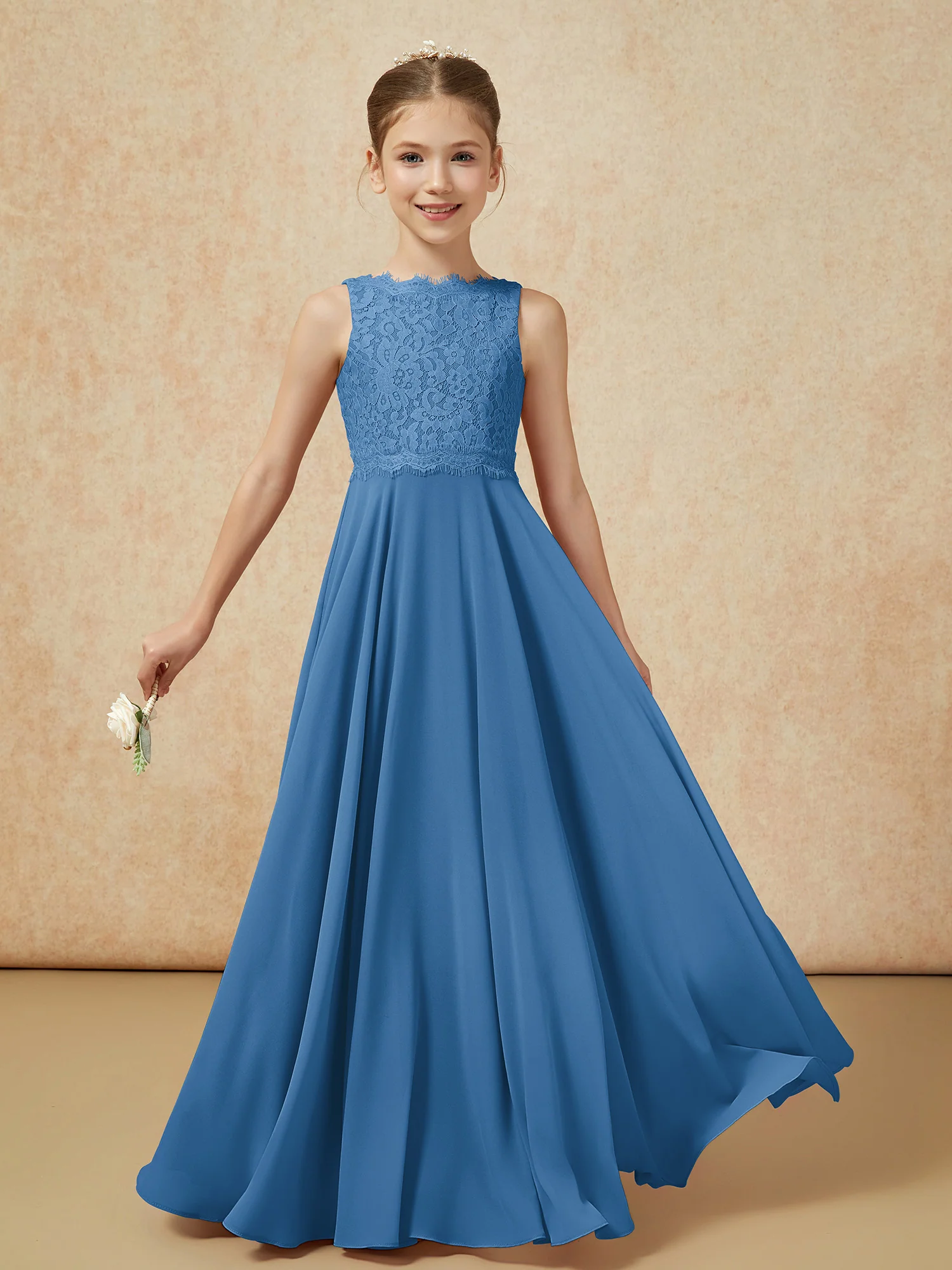 Bateau A-line Floor-length Chiffon Junior Bridesmaid Dress Ink Blue - Image 5