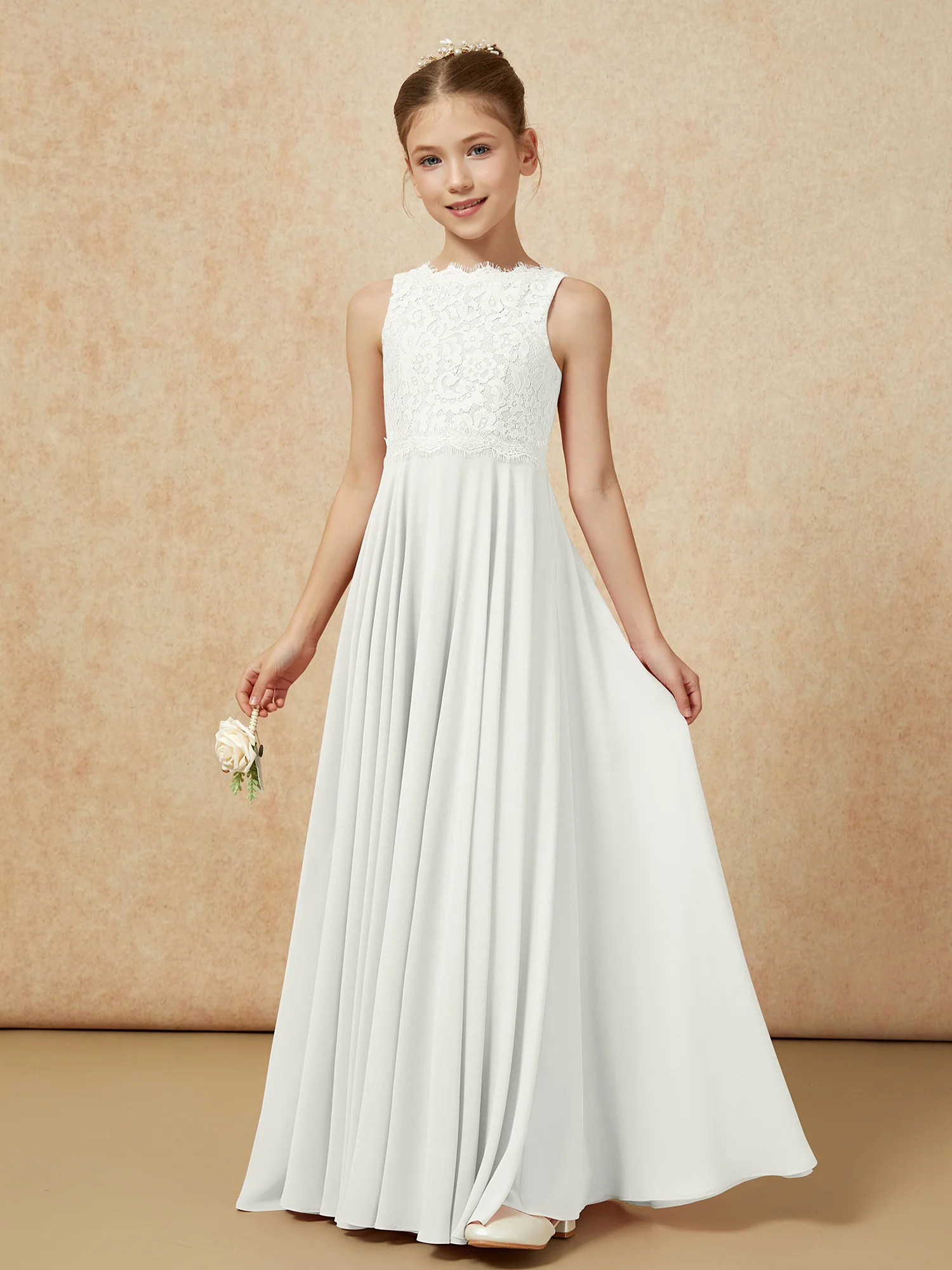 Bateau A-line Floor-length Chiffon Junior Bridesmaid Dress Ivory - Image 3