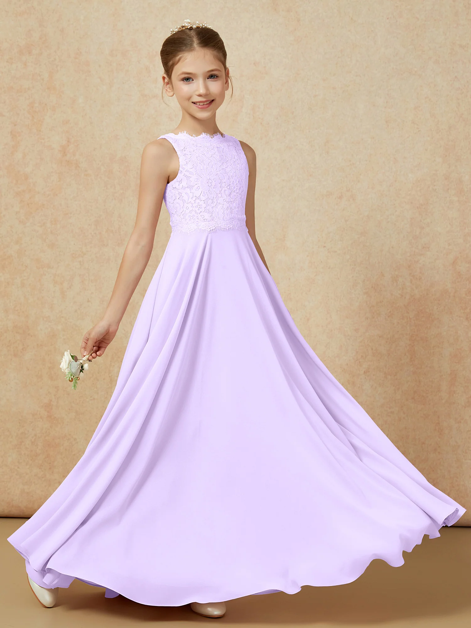 Bateau A-line Floor-length Chiffon Junior Bridesmaid Dress Lilac - Image 6