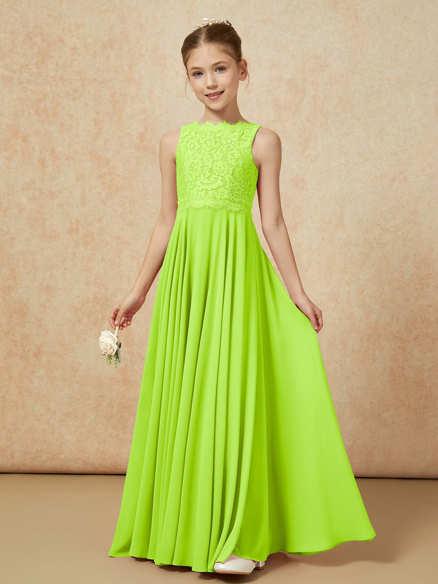 Bateau A-line Floor-length Chiffon Junior Bridesmaid Dress Lime Green - Image 3