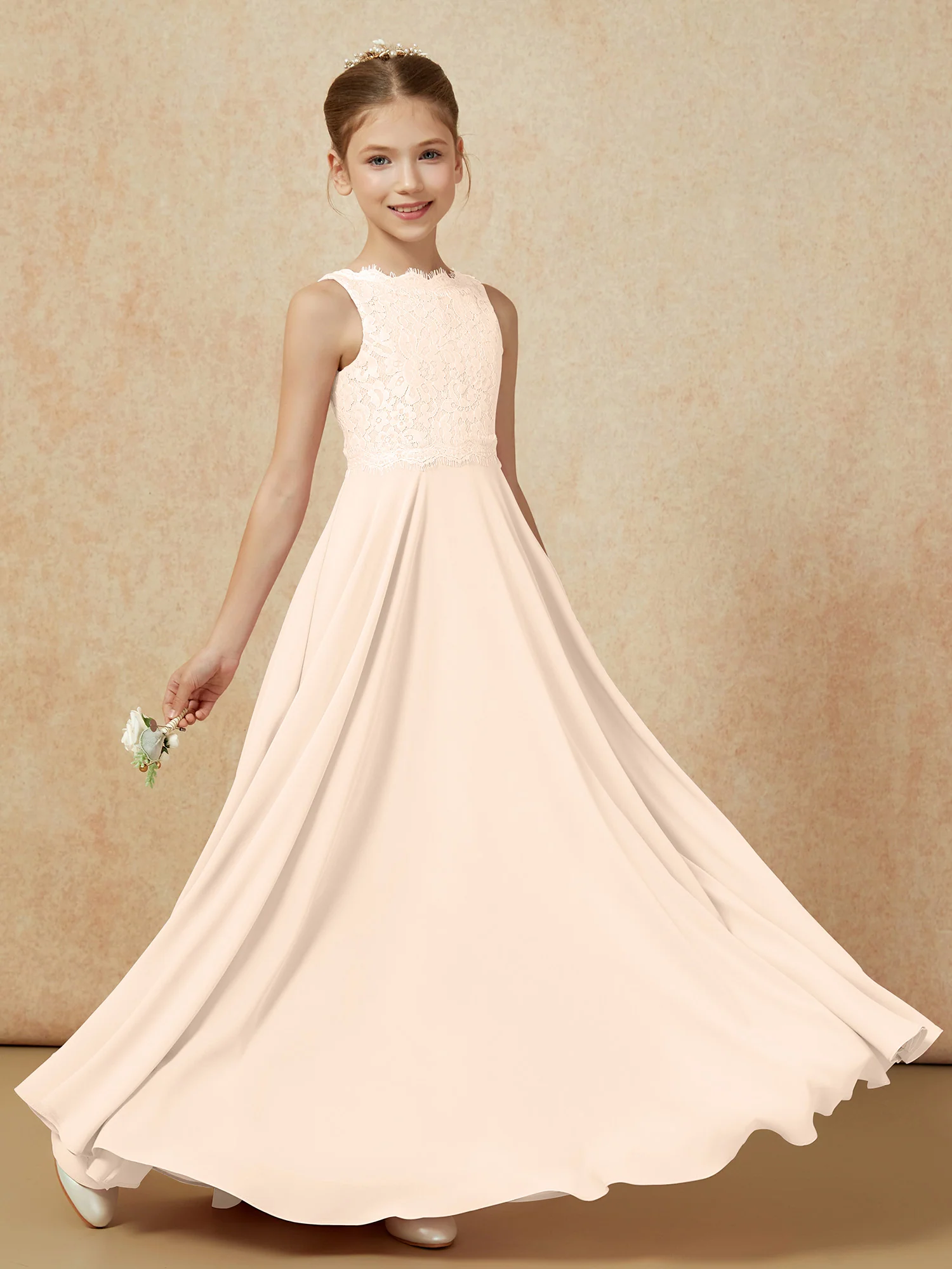 Bateau A-line Floor-length Chiffon Junior Bridesmaid Dress Peach - Image 6