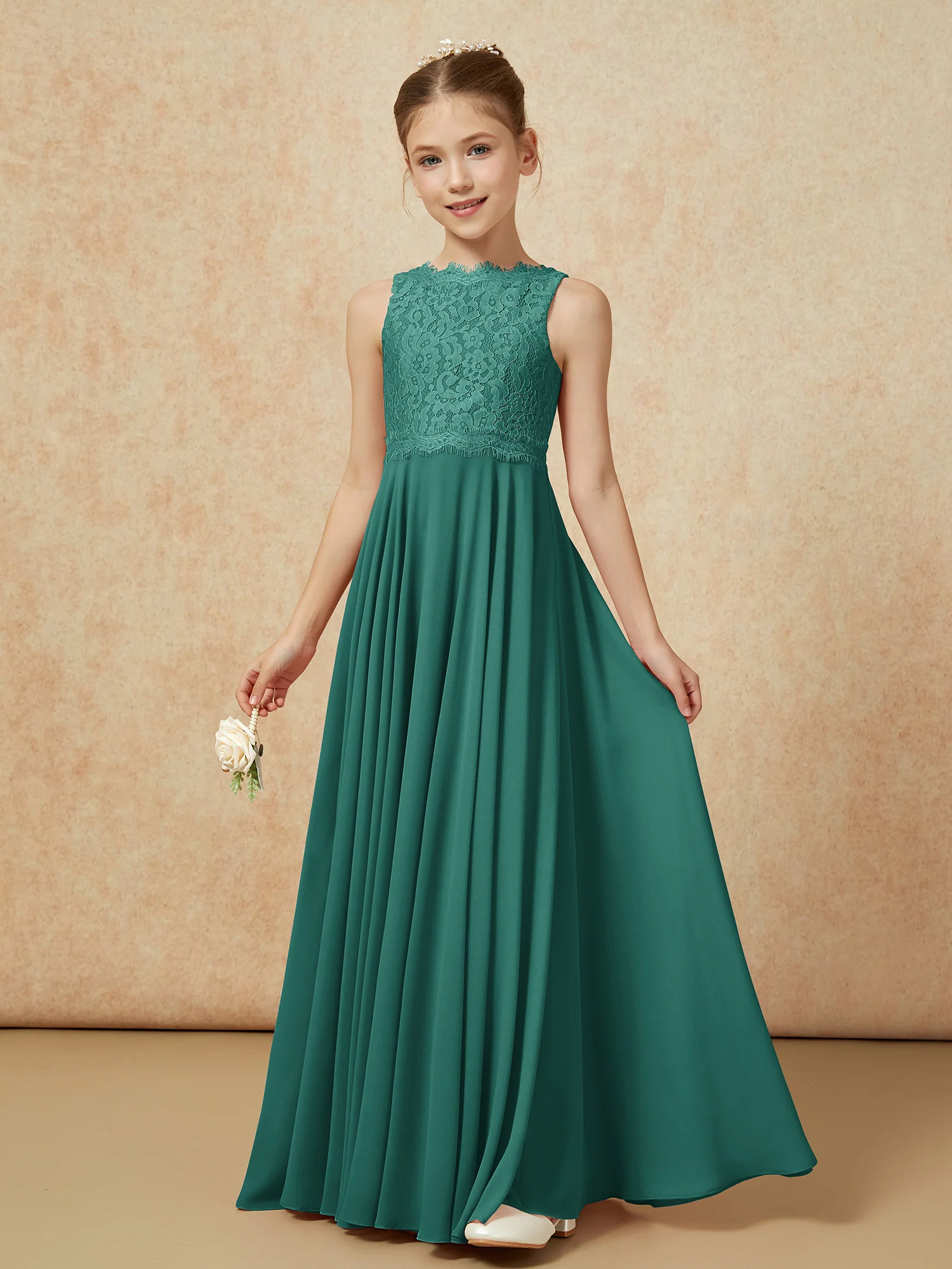 Bateau A-line Floor-length Chiffon Junior Bridesmaid Dress Peacock - Image 3