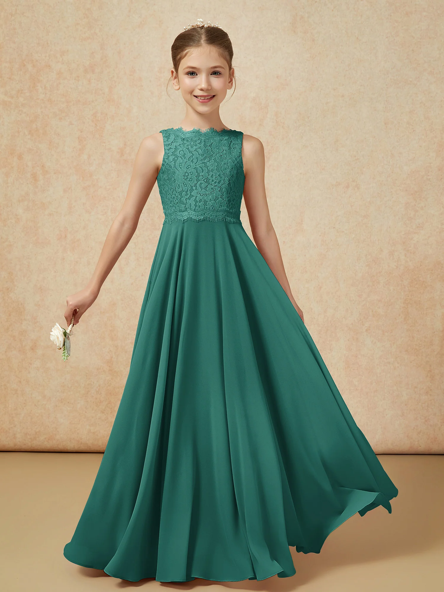 Bateau A-line Floor-length Chiffon Junior Bridesmaid Dress Peacock - Image 5