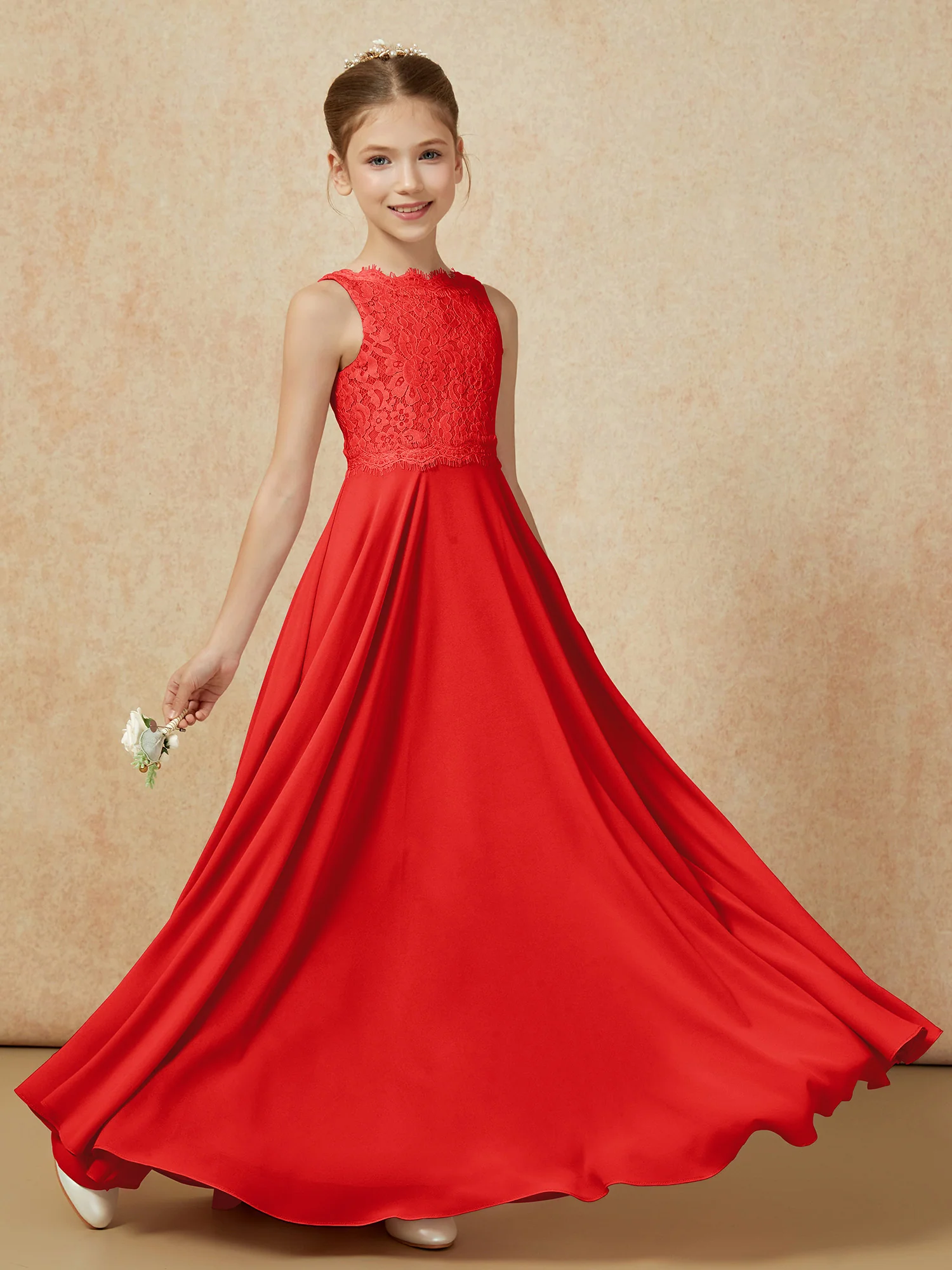 Bateau A-line Floor-length Chiffon Junior Bridesmaid Dress Red - Image 6
