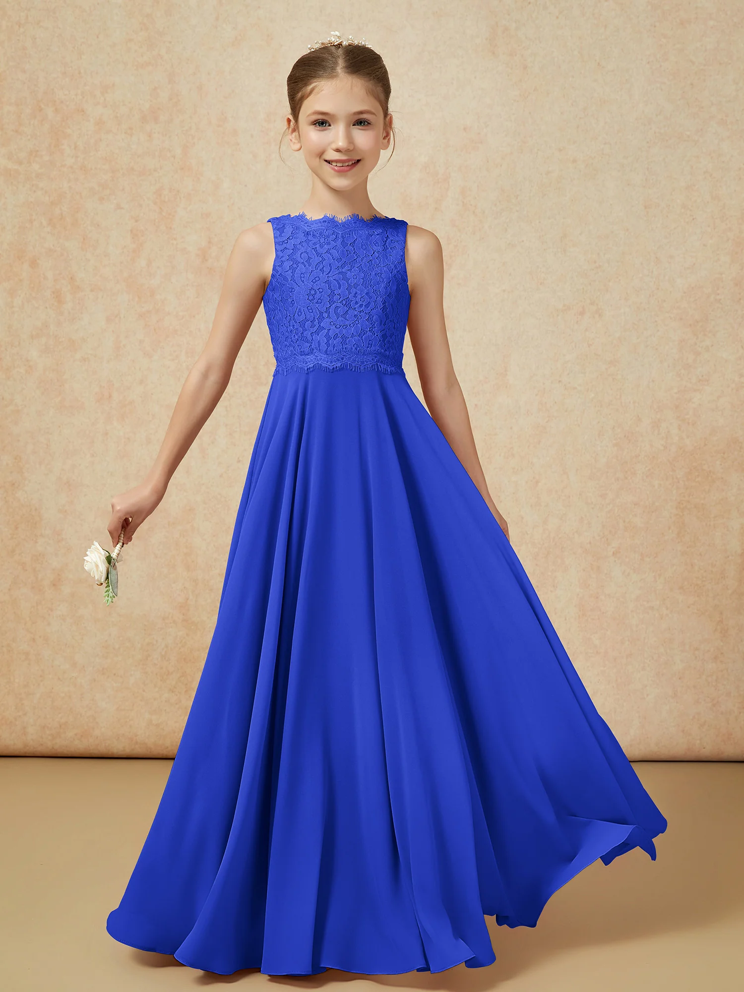 Bateau A-line Floor-length Chiffon Junior Bridesmaid Dress Royal Blue - Image 5