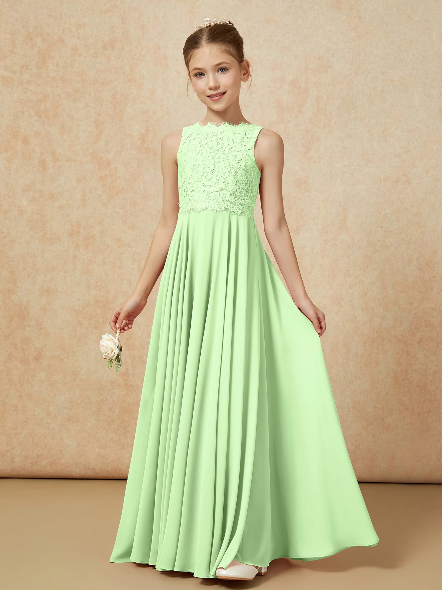Bateau A-line Floor-length Chiffon Junior Bridesmaid Dress Sage - Image 3