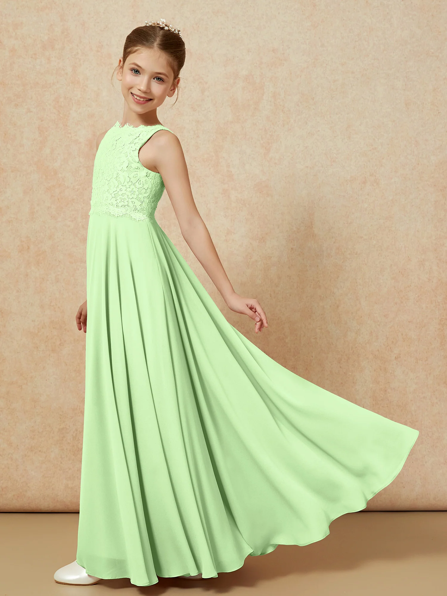 Bateau A-line Floor-length Chiffon Junior Bridesmaid Dress Sage - Image 4
