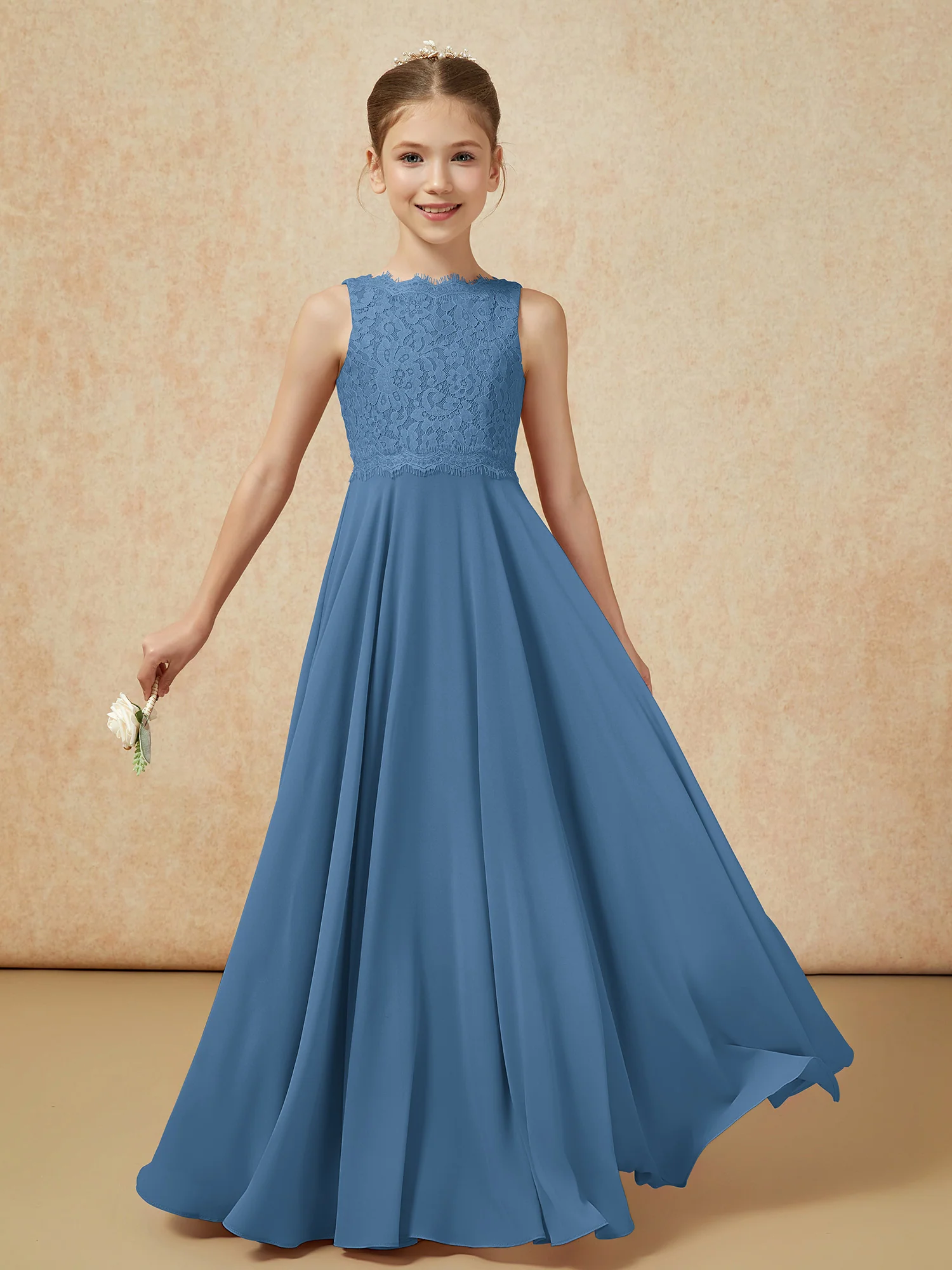 Bateau A-line Floor-length Chiffon Junior Bridesmaid Dress Slate Blue - Image 5