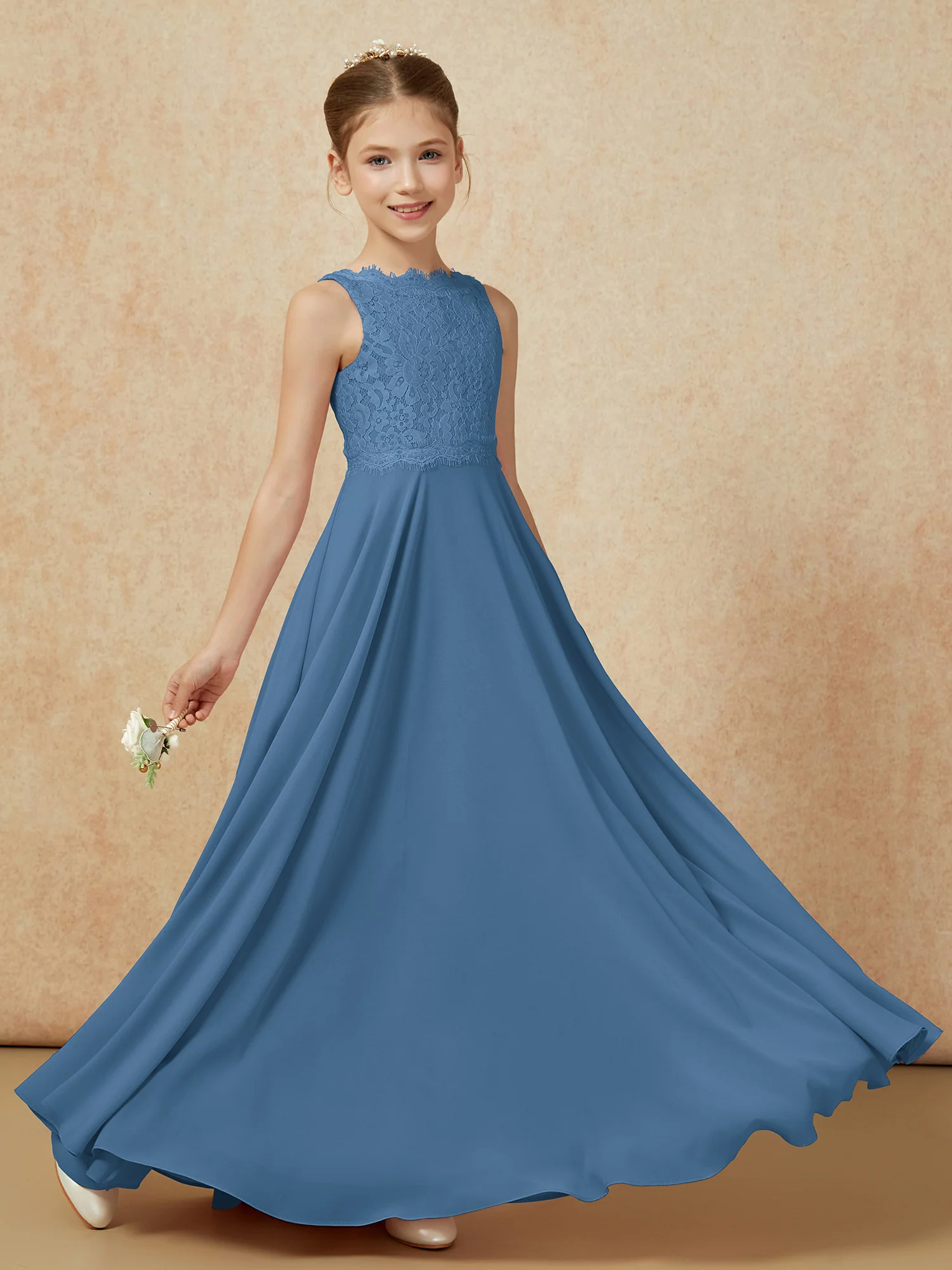 Bateau A-line Floor-length Chiffon Junior Bridesmaid Dress Slate Blue - Image 6